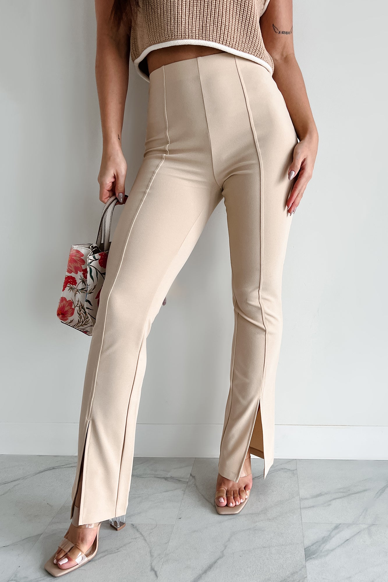 Pure Class Pintuck Hem Slit Pants (Sand)-The Formal Wear