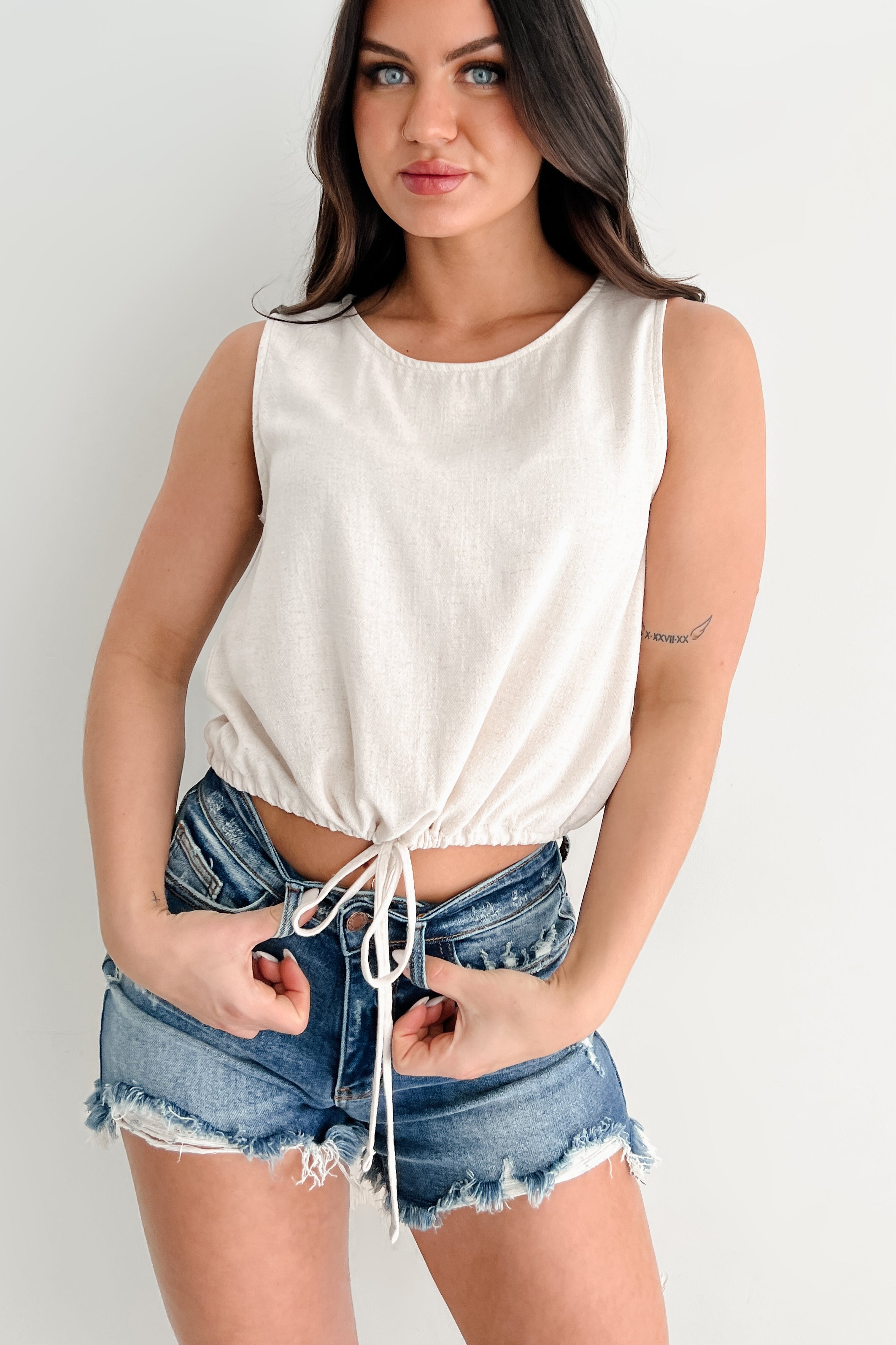 Earth Moments Sleeveless Linen Drawstring Top (Oat)-The Formal Wear