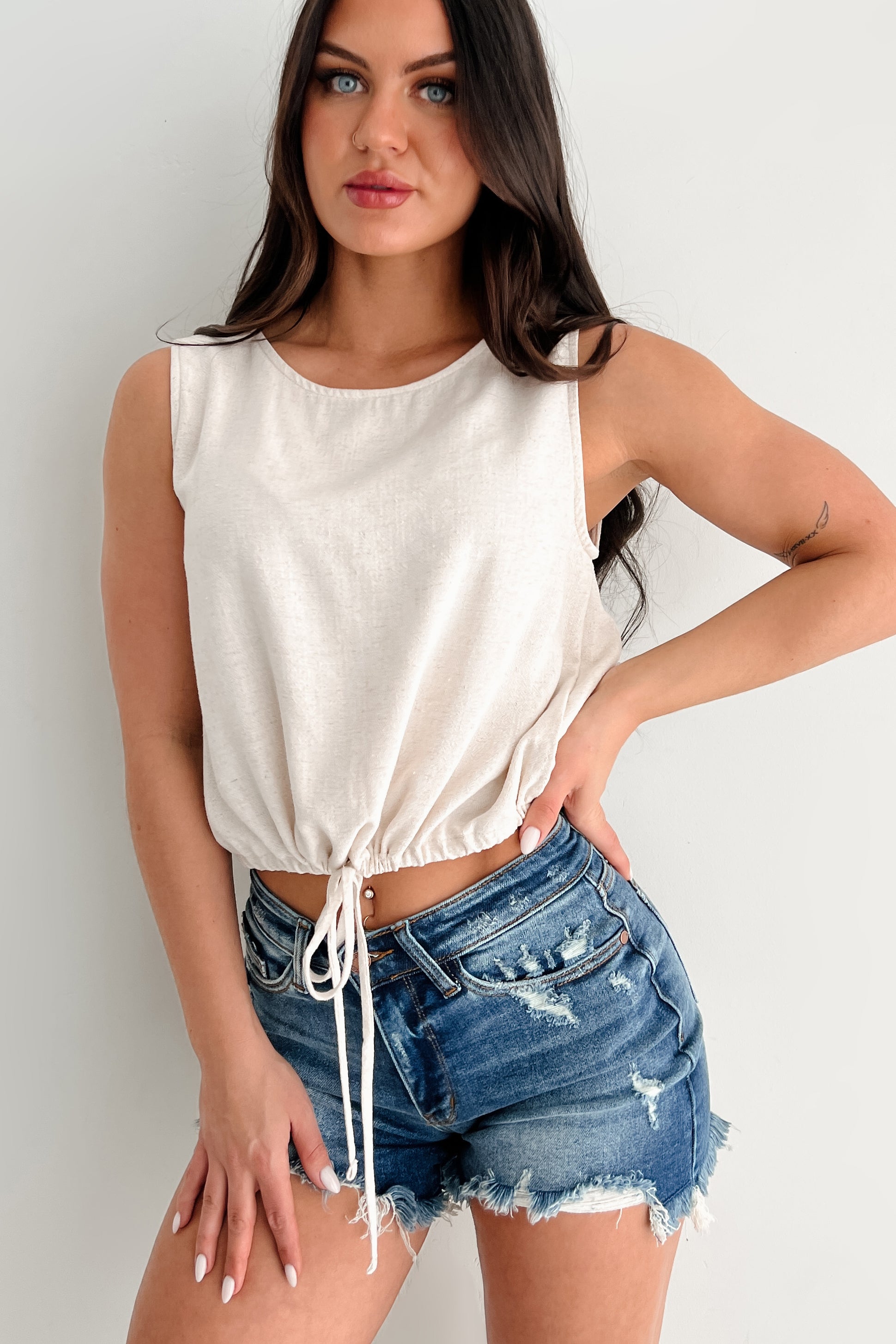 Earth Moments Sleeveless Linen Drawstring Top (Oat)-The Formal Wear