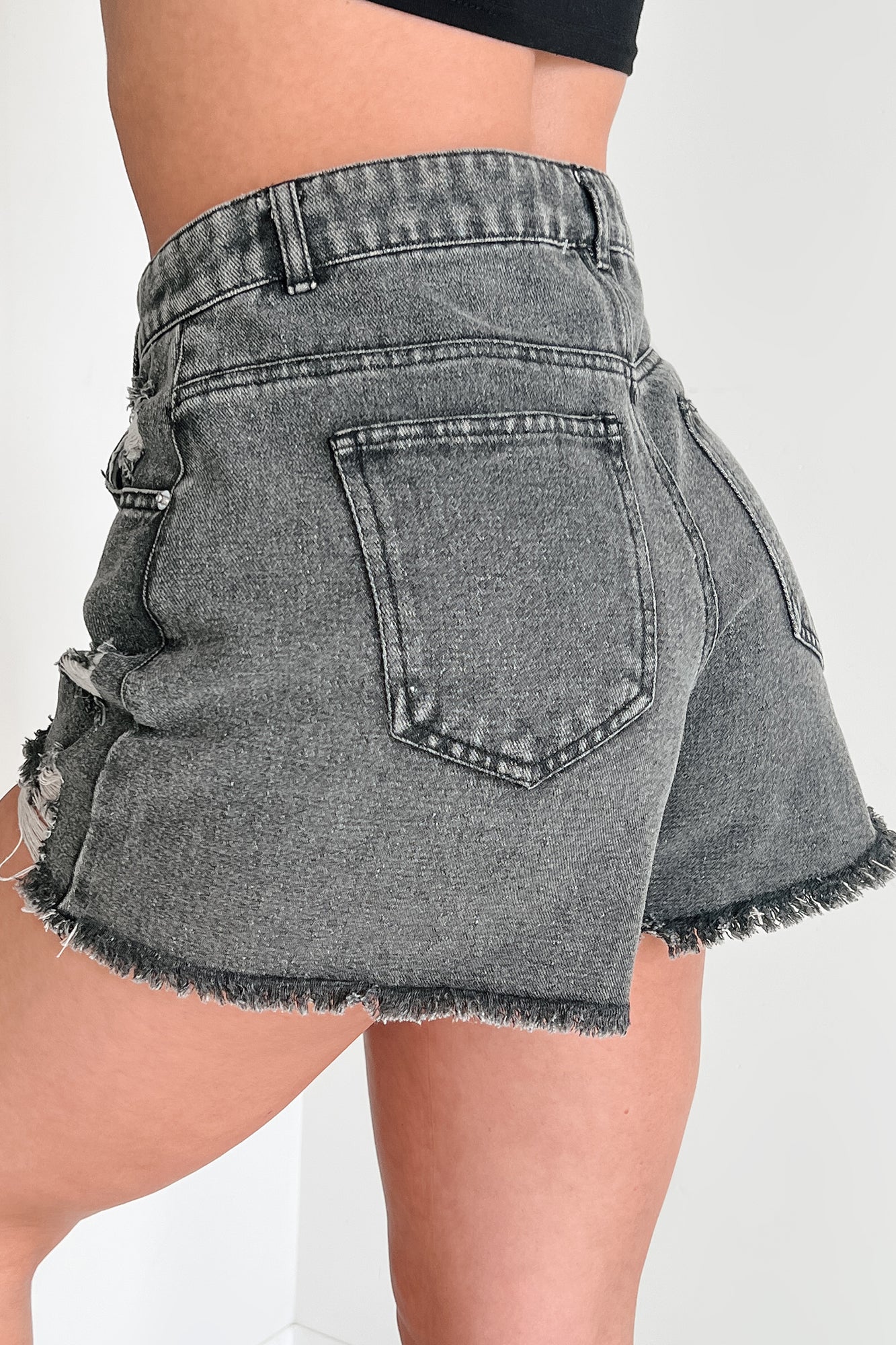 Avril High Rise Distressed Denim Shorts (Black)-The Formal Wear