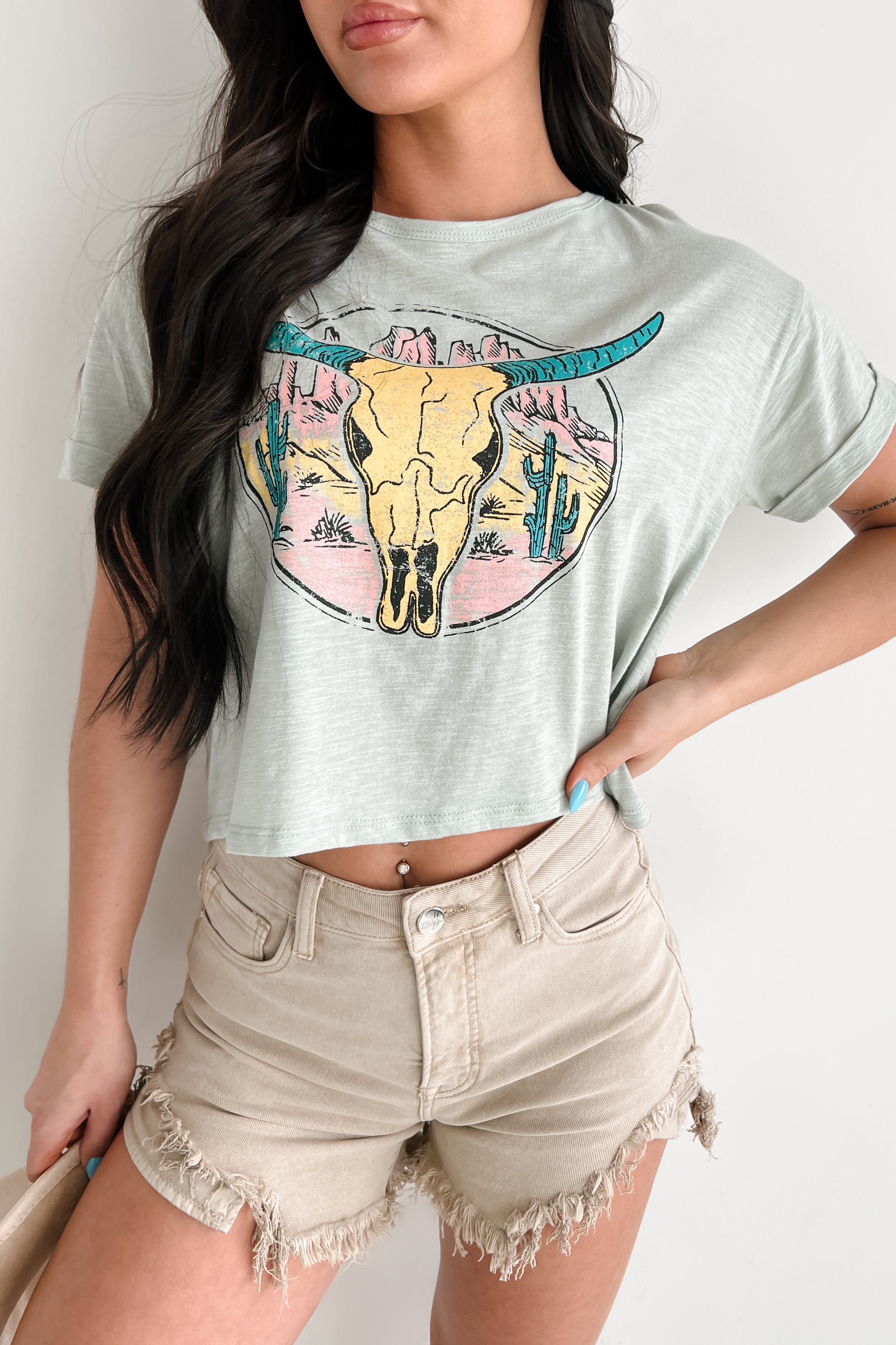 Back In The Saddle Boxy Bull Skull Graphic T-Shirt (Sage)-The Formal Wear