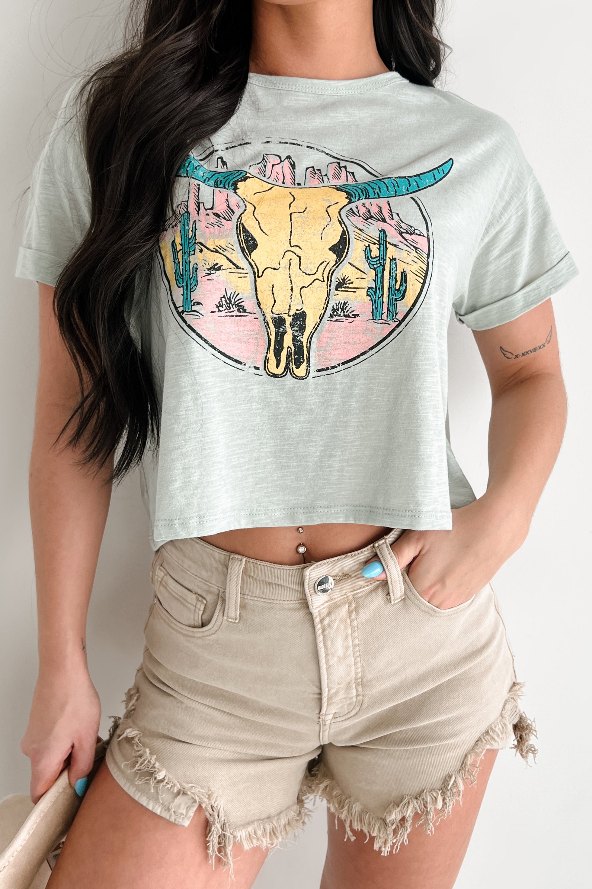 Back In The Saddle Boxy Bull Skull Graphic T-Shirt (Sage)-The Formal Wear