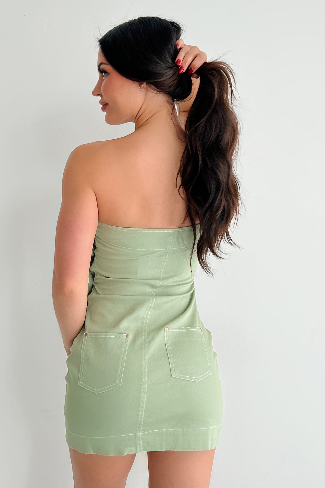 Glance Twice One Shoulder Denim Mini Dress (Olive)-The Formal Wear