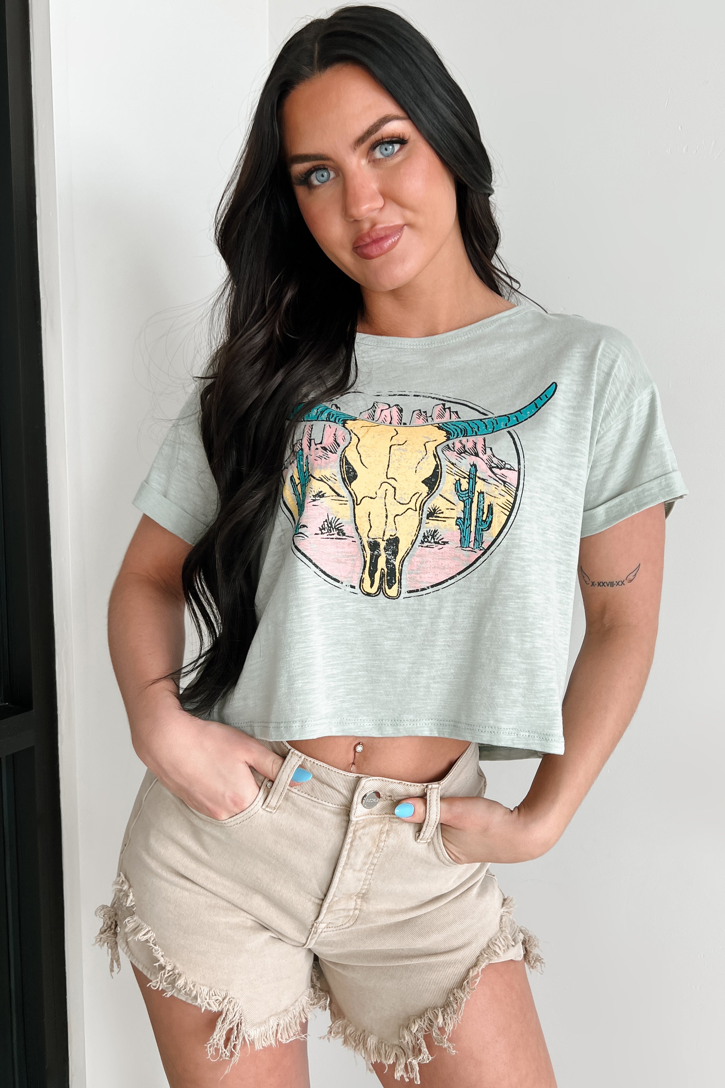 Back In The Saddle Boxy Bull Skull Graphic T-Shirt (Sage)-The Formal Wear