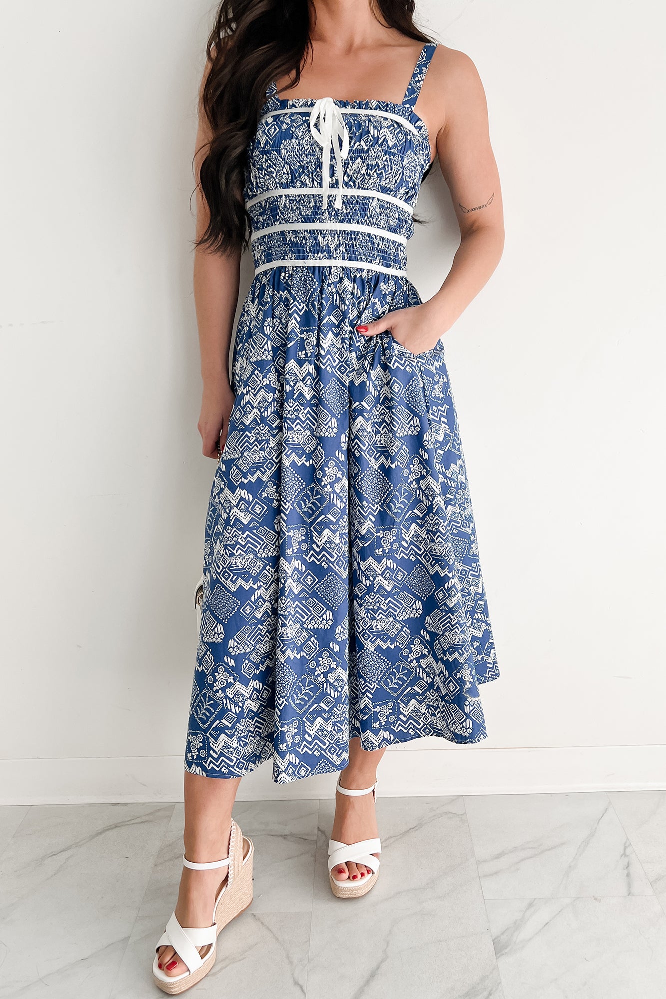 Deeply Devoted Smocked Printed Midi Dress (Denim Blue)-The Formal Wear