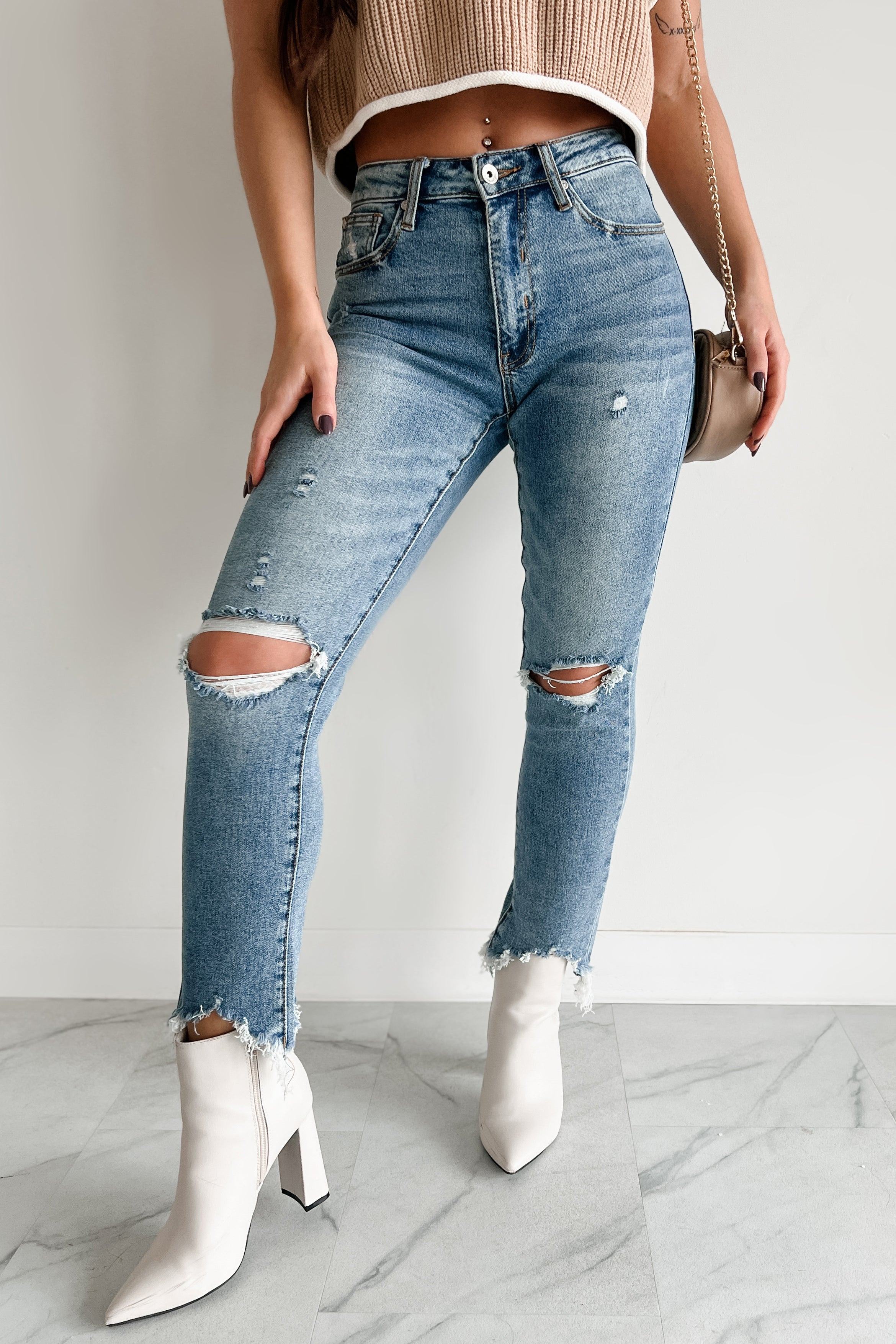 Tallie Mid Rise Distressed Slim Straight Special A Jeans (Medium Light)-The Formal Wear