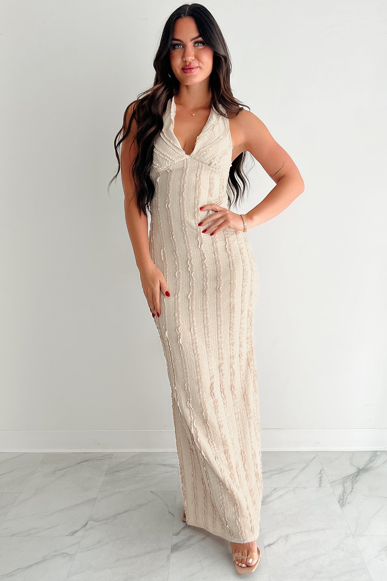 Runway Heart Halter Lace Maxi Dress (Vanilla)-The Formal Wear