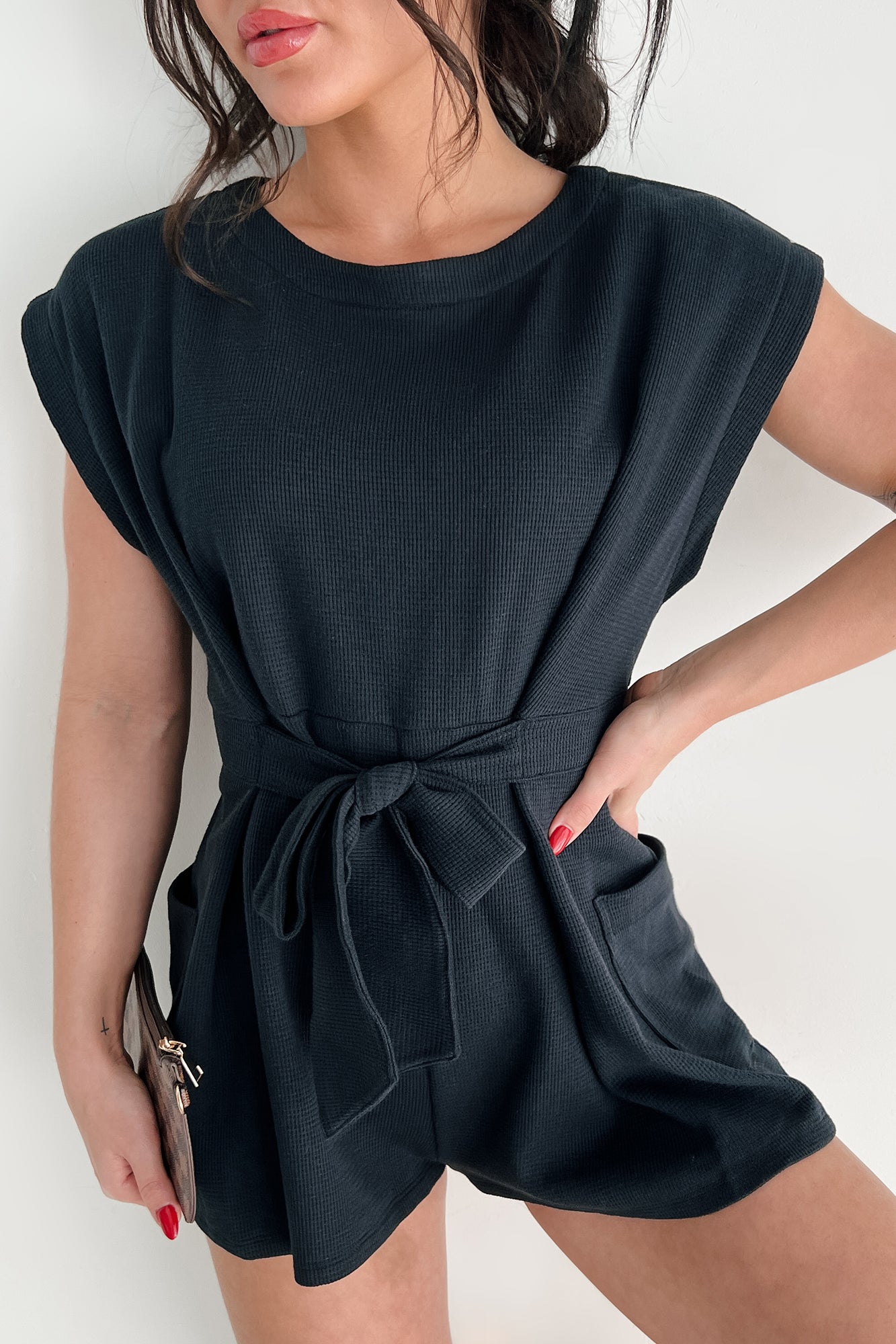 Easy Going Days Tie Front Waffle Knit Romper (Black)-The Formal Wear