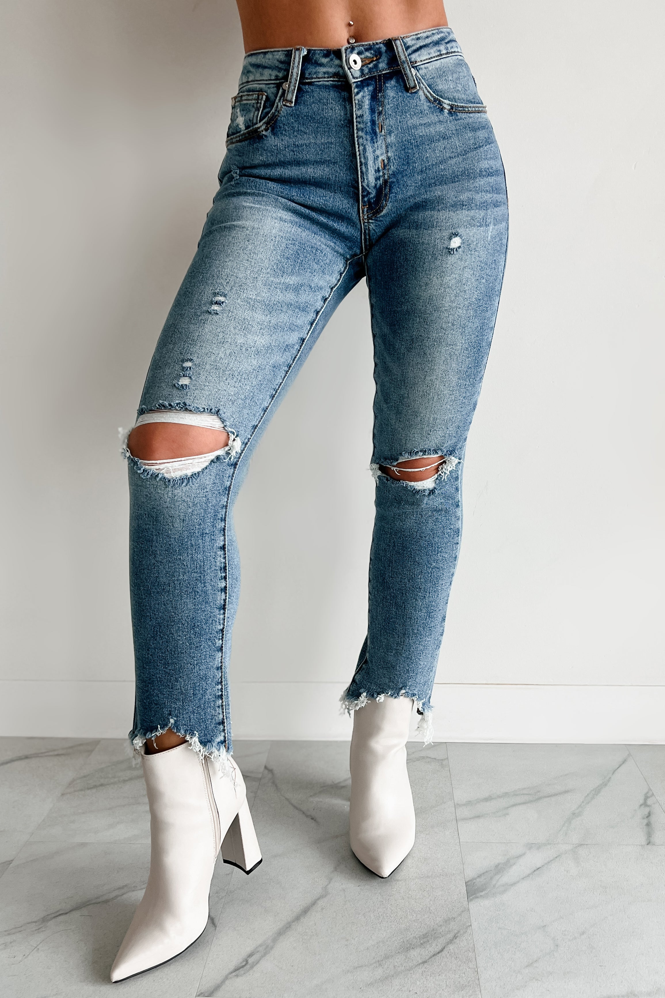 Tallie Mid Rise Distressed Slim Straight Special A Jeans (Medium Light)-The Formal Wear