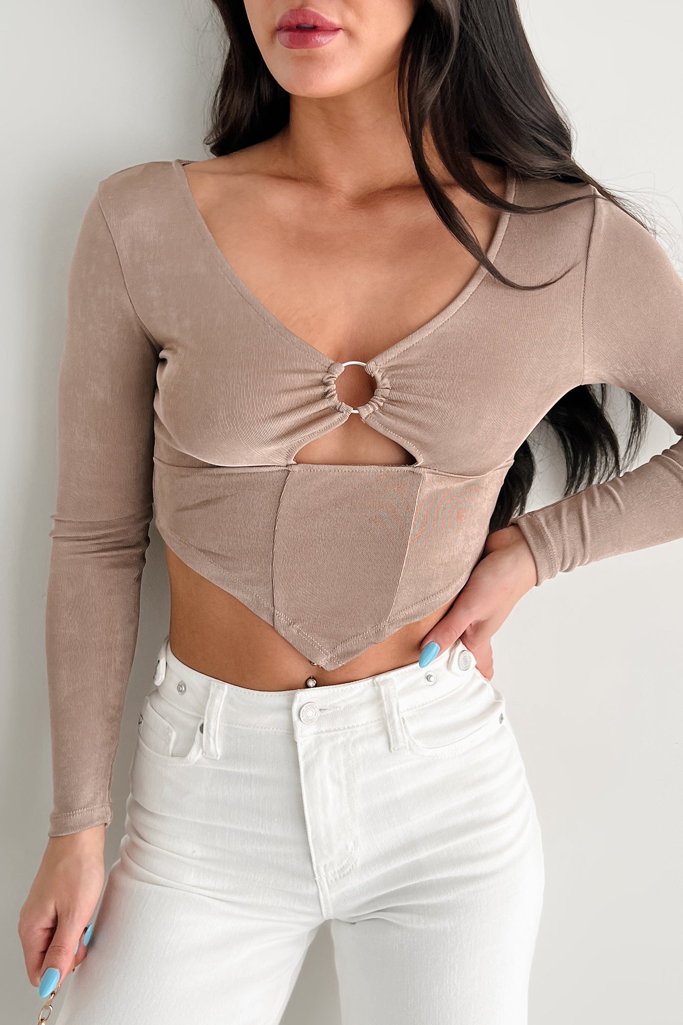 Enchanted Illusion Cut Out Long Sleeve Top (Soft Mocha)-The Formal Wear