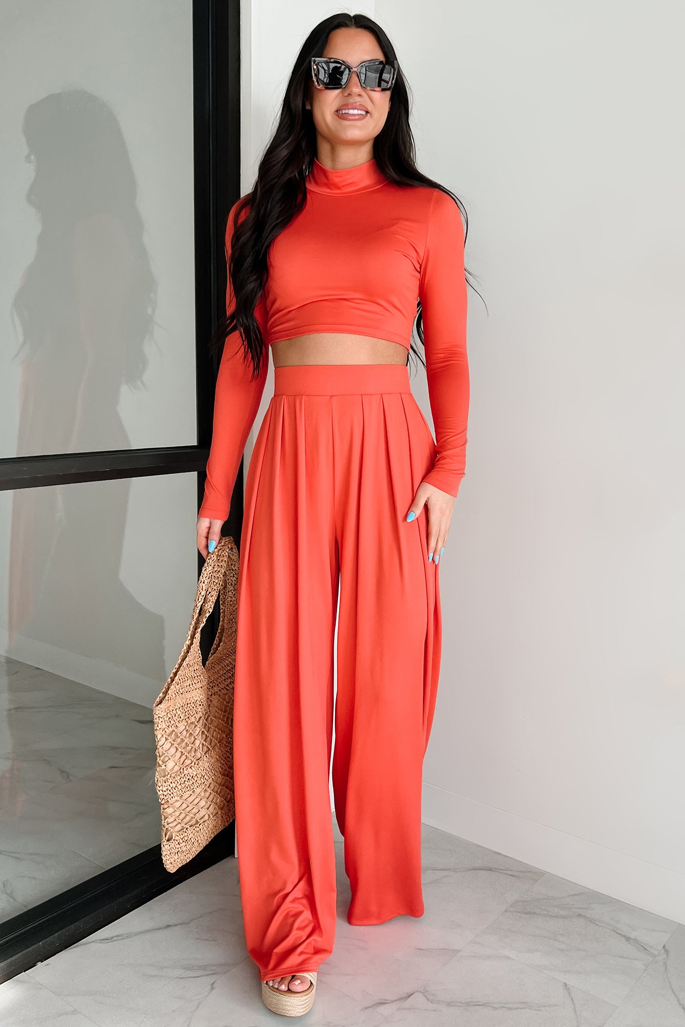 Faded Dreams Long Sleeve Crop Top & Pant Set (Dark Coral)-The Formal Wear