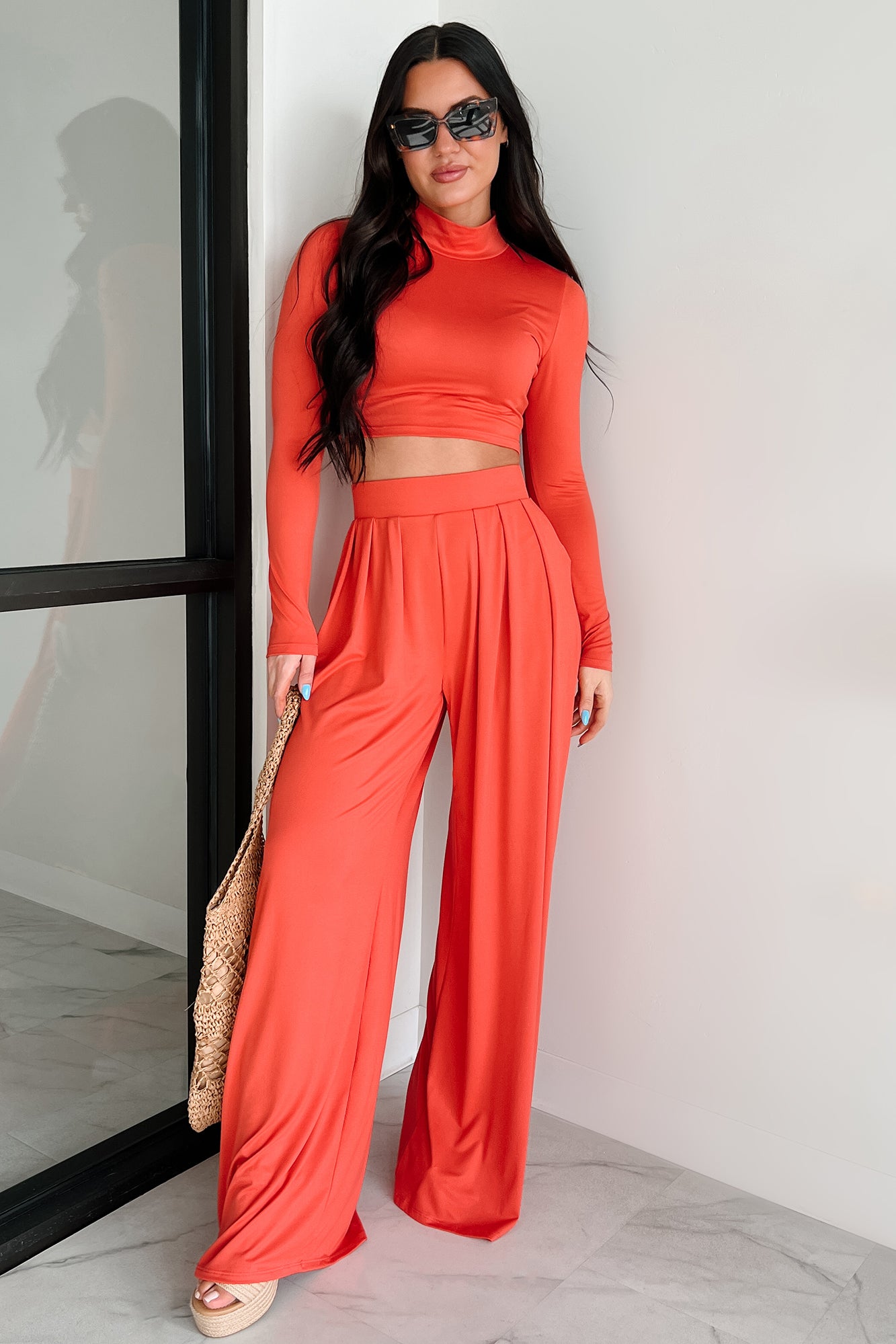 Faded Dreams Long Sleeve Crop Top & Pant Set (Dark Coral)-The Formal Wear