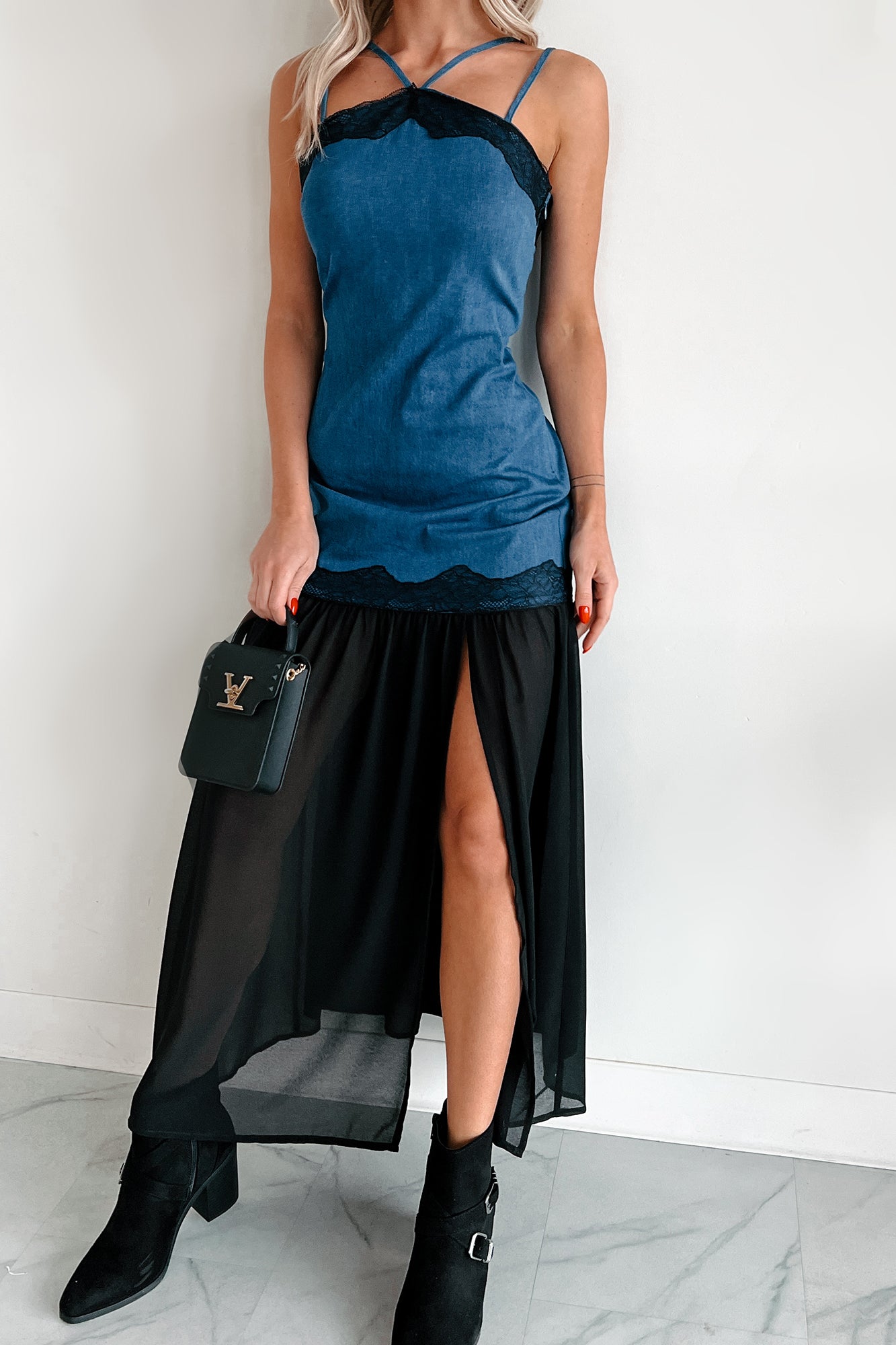 Showing Personality Denim Contrast Maxi Dress (Denim)-The Formal Wear