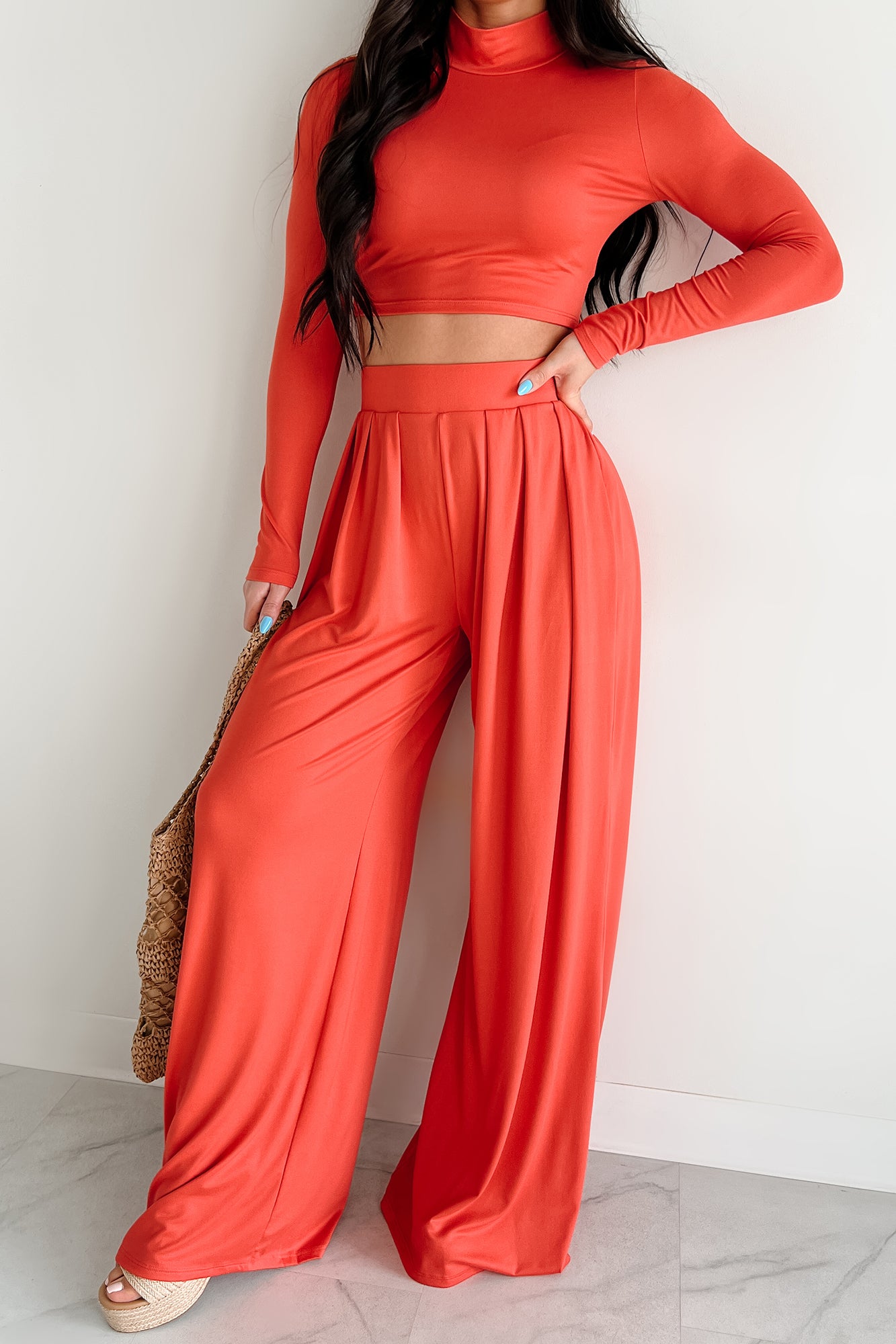 Faded Dreams Long Sleeve Crop Top & Pant Set (Dark Coral)-The Formal Wear