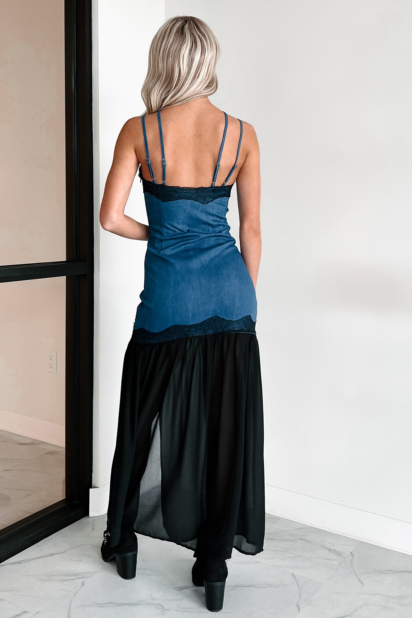 Showing Personality Denim Contrast Maxi Dress (Denim)-The Formal Wear