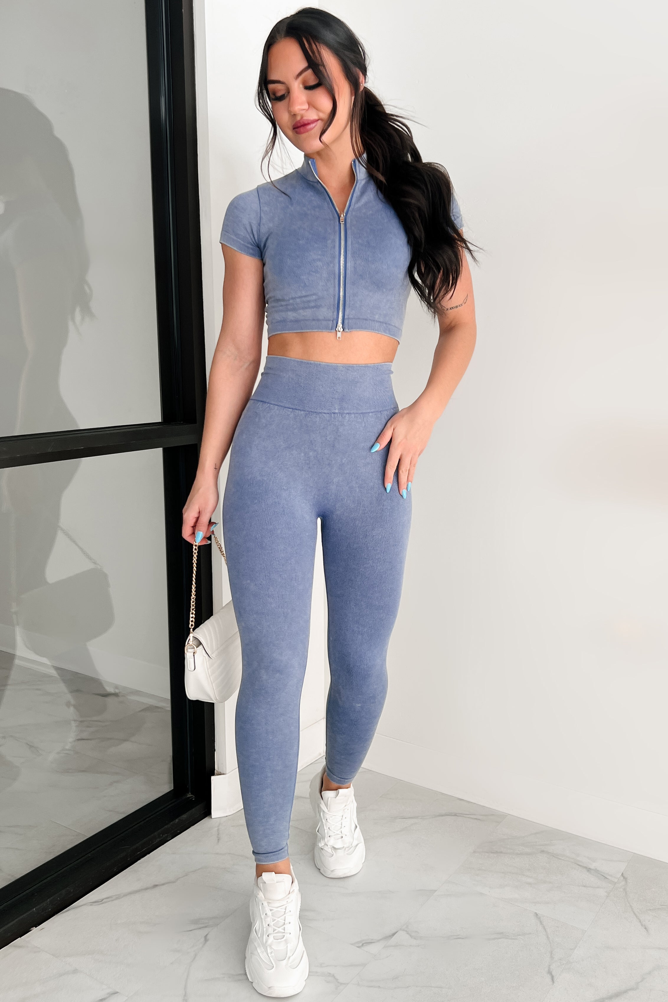 Wear The Future Zip Up Mock Neck Top (Medium Denim)-The Formal Wear