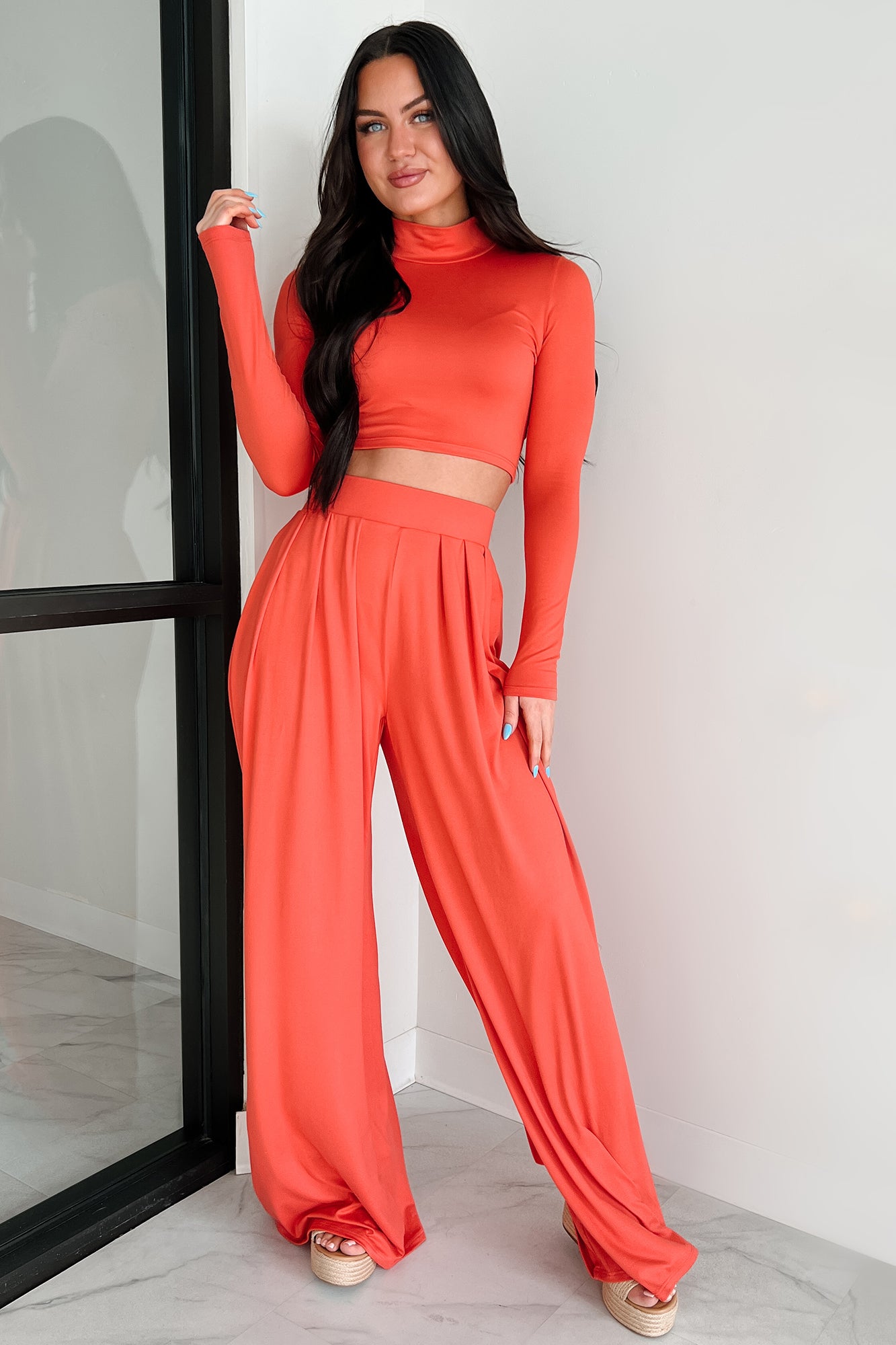 Faded Dreams Long Sleeve Crop Top & Pant Set (Dark Coral)-The Formal Wear