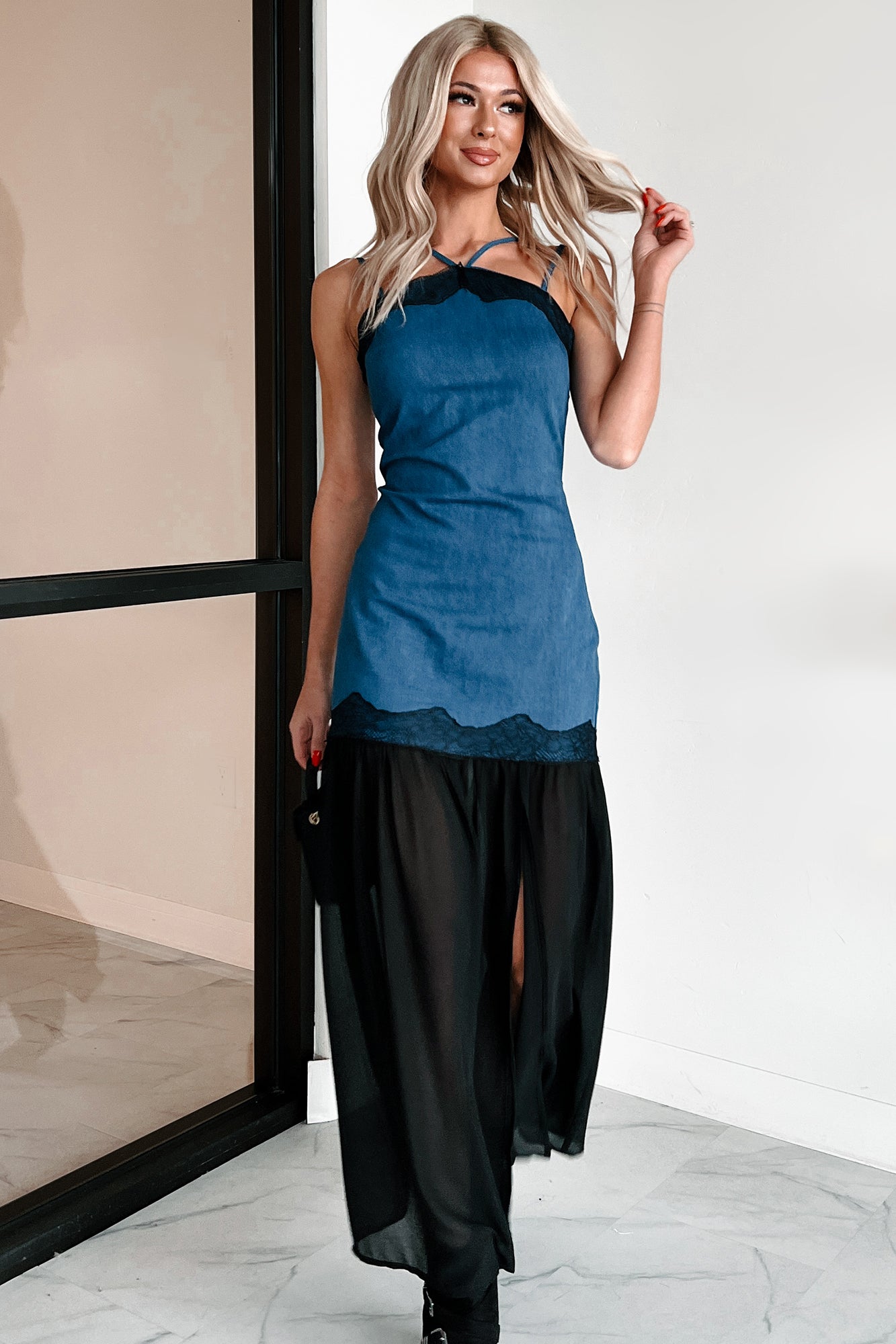 Showing Personality Denim Contrast Maxi Dress (Denim)-The Formal Wear