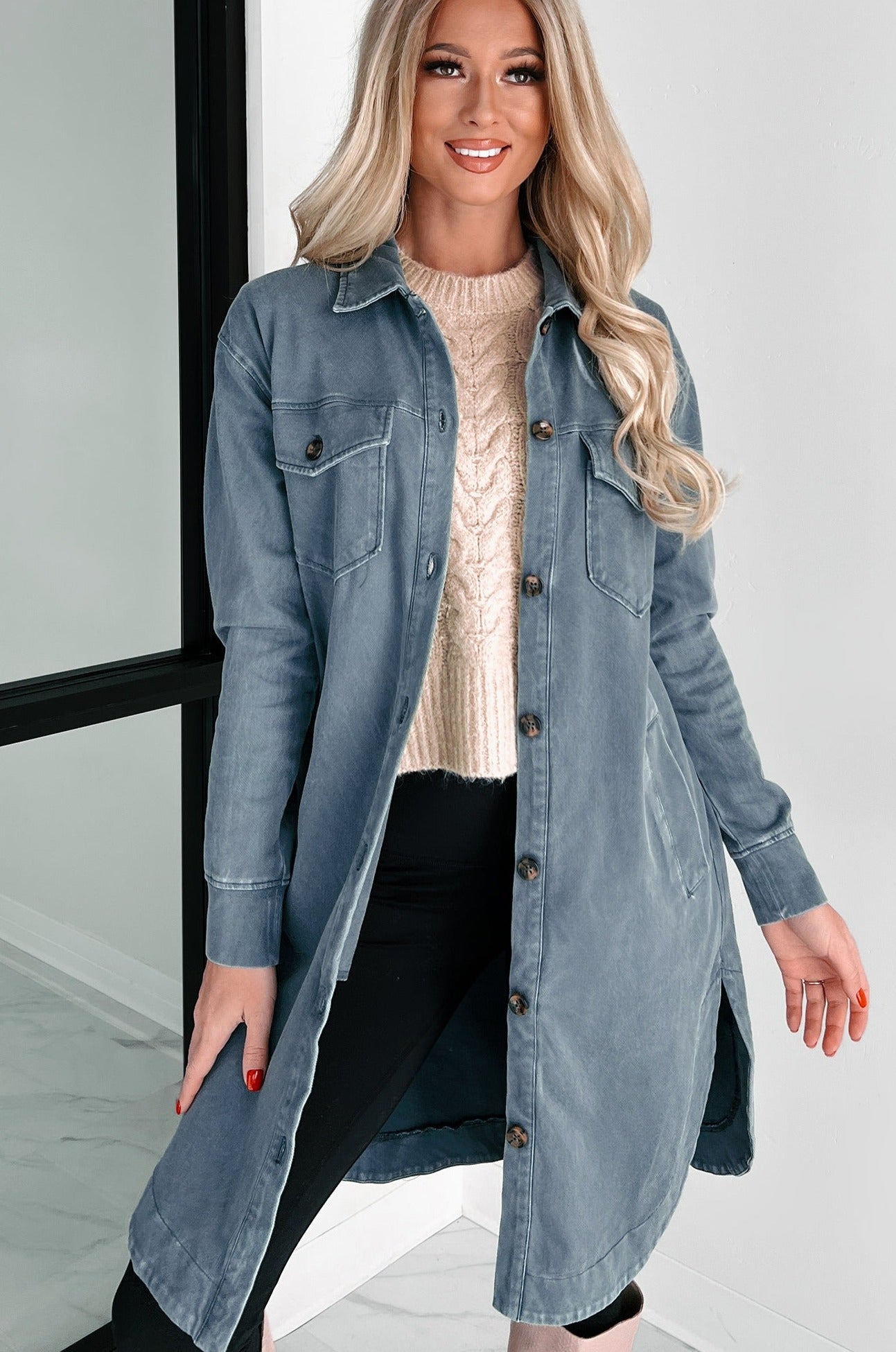 Reoccurring Dreams Vintage Wash Longline Shacket (Dark Slate)-The Formal Wear