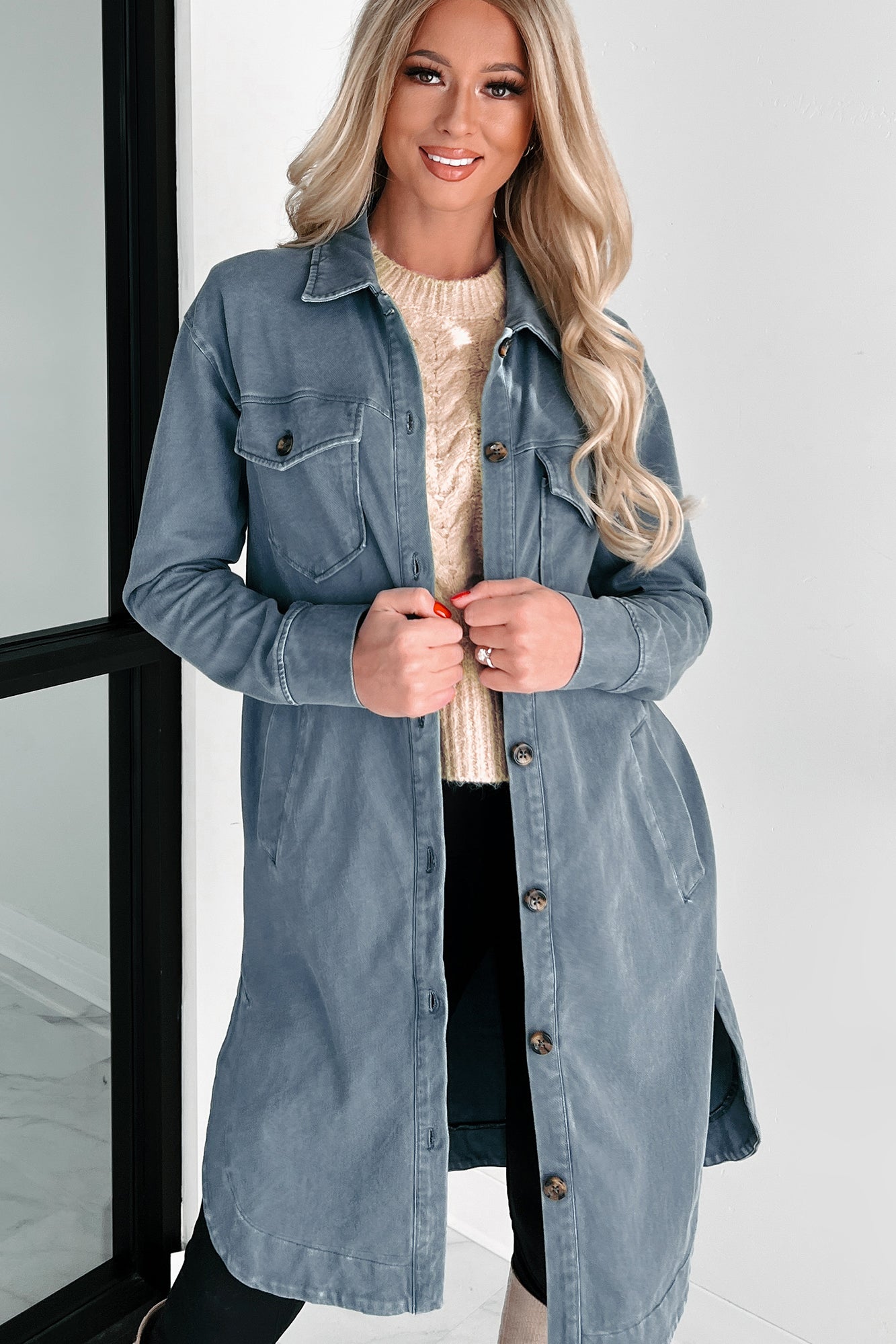 Reoccurring Dreams Vintage Wash Longline Shacket (Dark Slate)-The Formal Wear