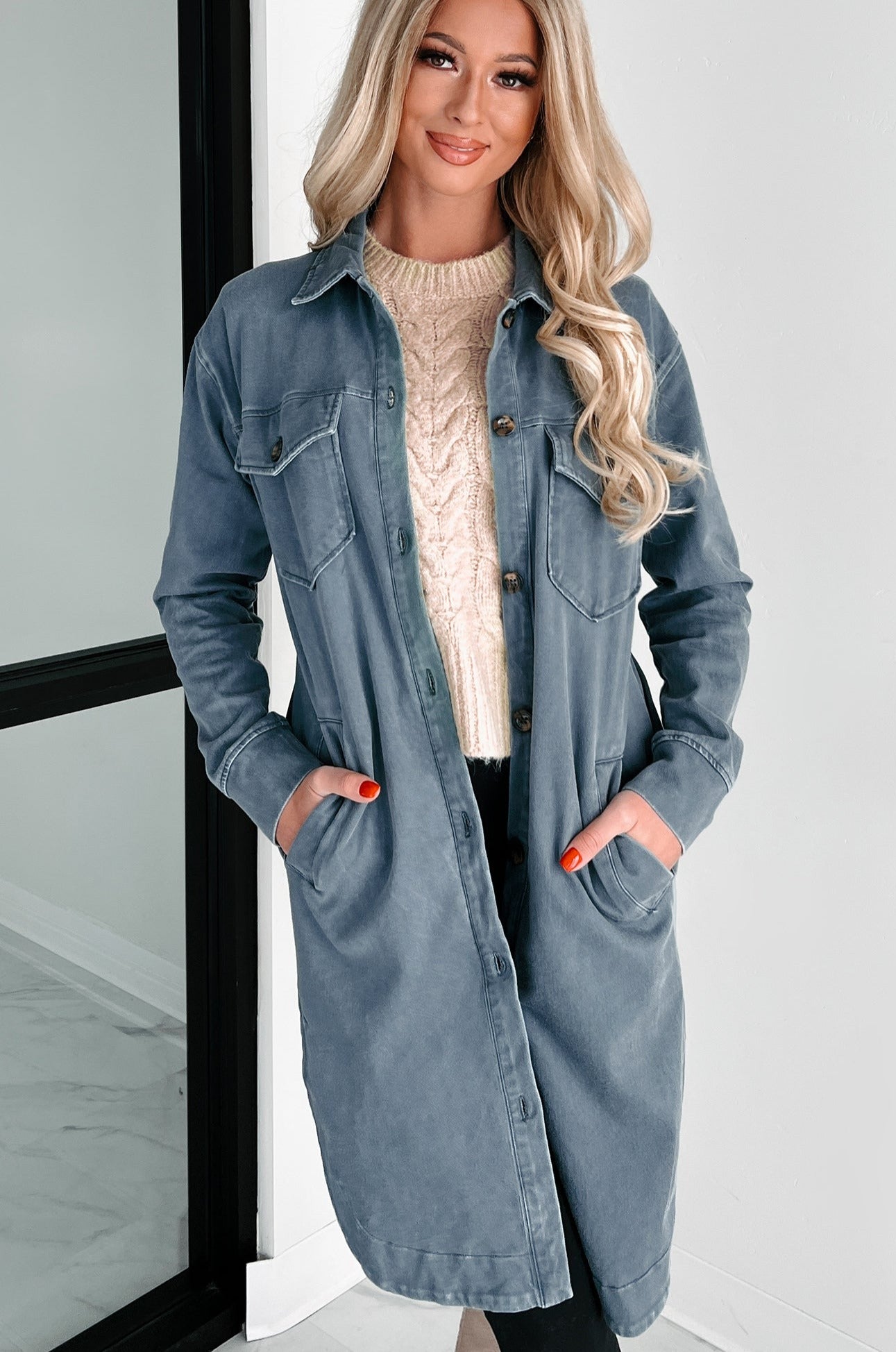 Reoccurring Dreams Vintage Wash Longline Shacket (Dark Slate)-The Formal Wear