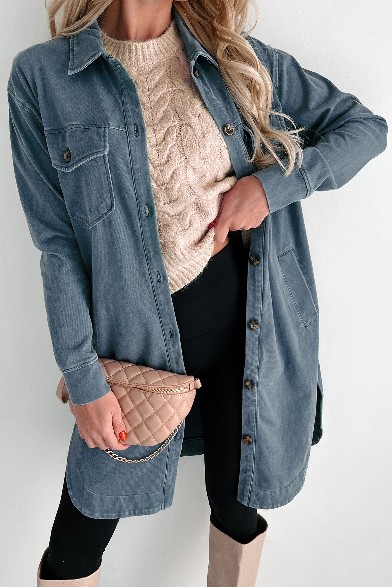 Reoccurring Dreams Vintage Wash Longline Shacket (Dark Slate)-The Formal Wear