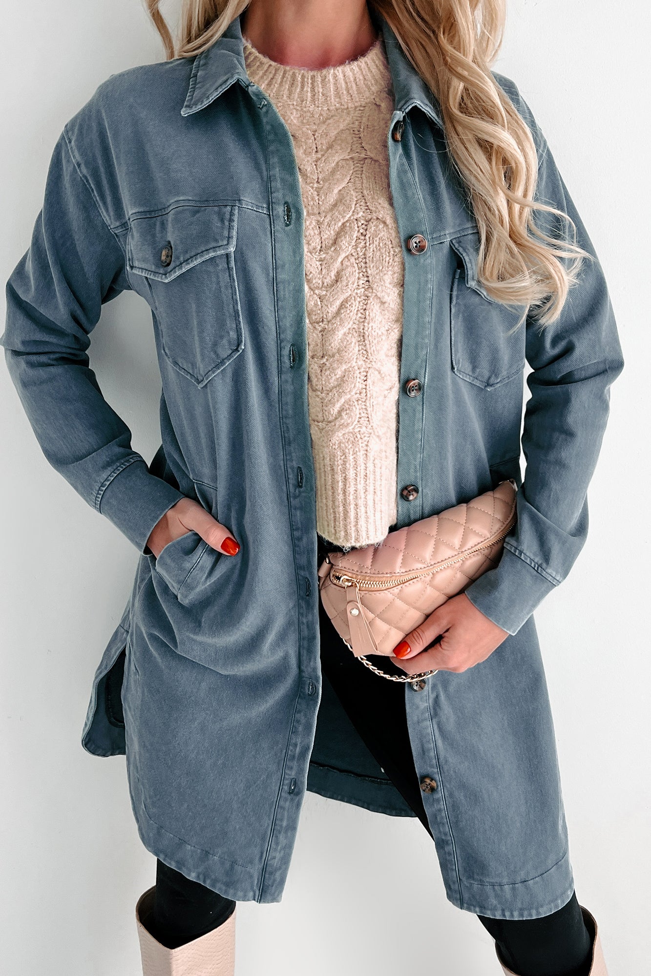 Reoccurring Dreams Vintage Wash Longline Shacket (Dark Slate)-The Formal Wear