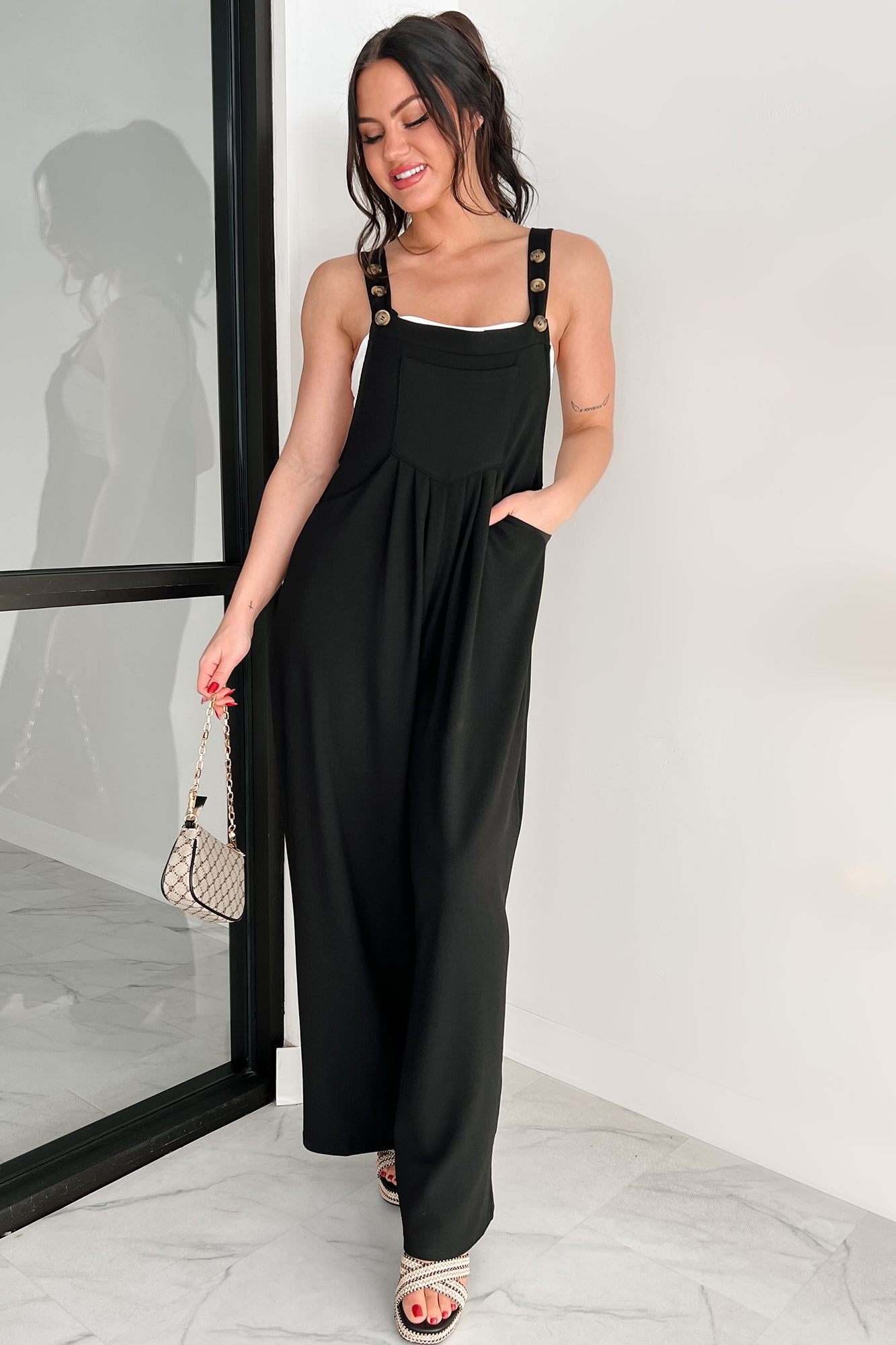 Sleek & Subtle Pleated Overall Jumpsuit (Black)-The Formal Wear
