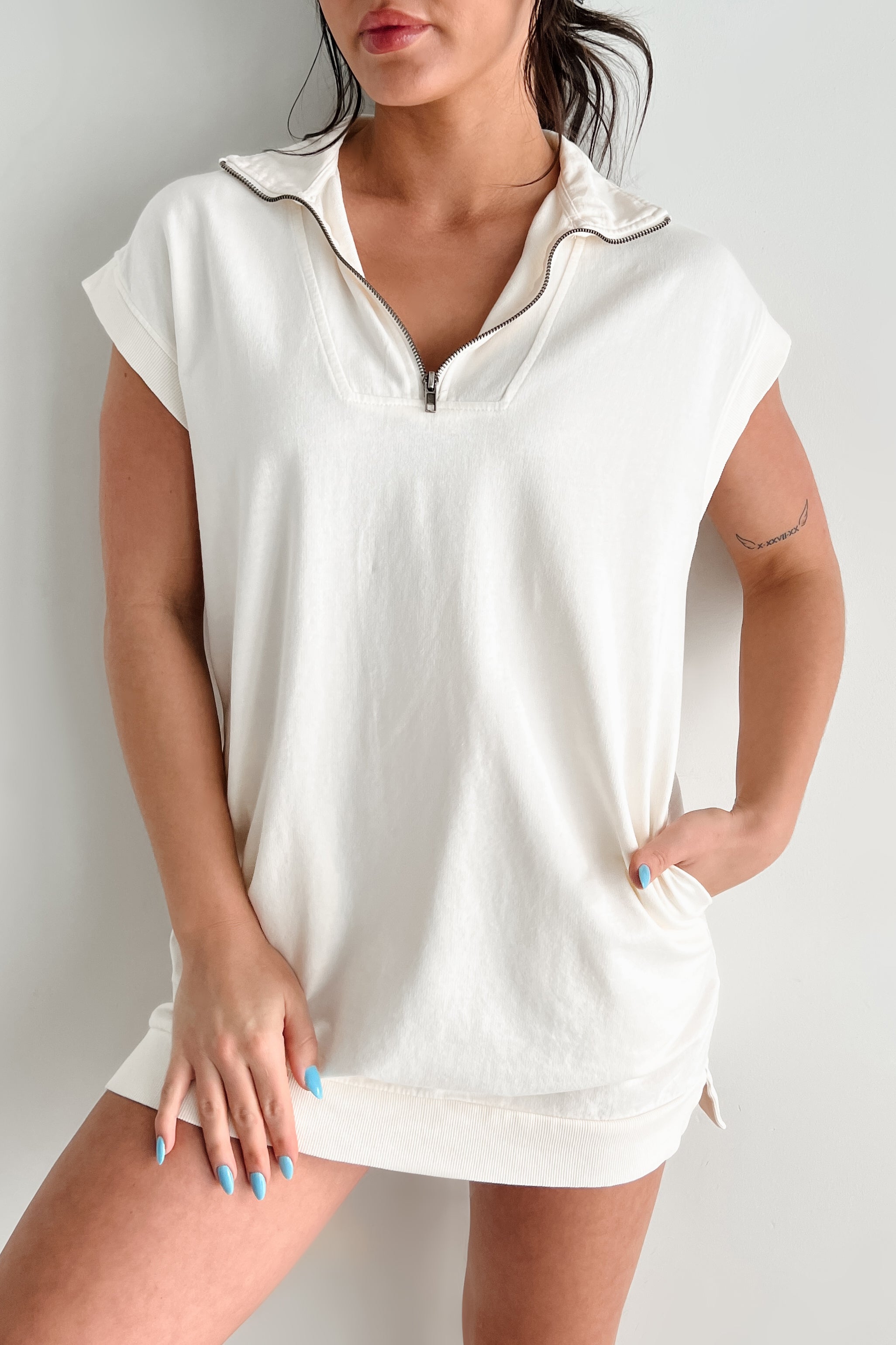 Everyday Easy Half Zip Mini Dress (Cream)-The Formal Wear