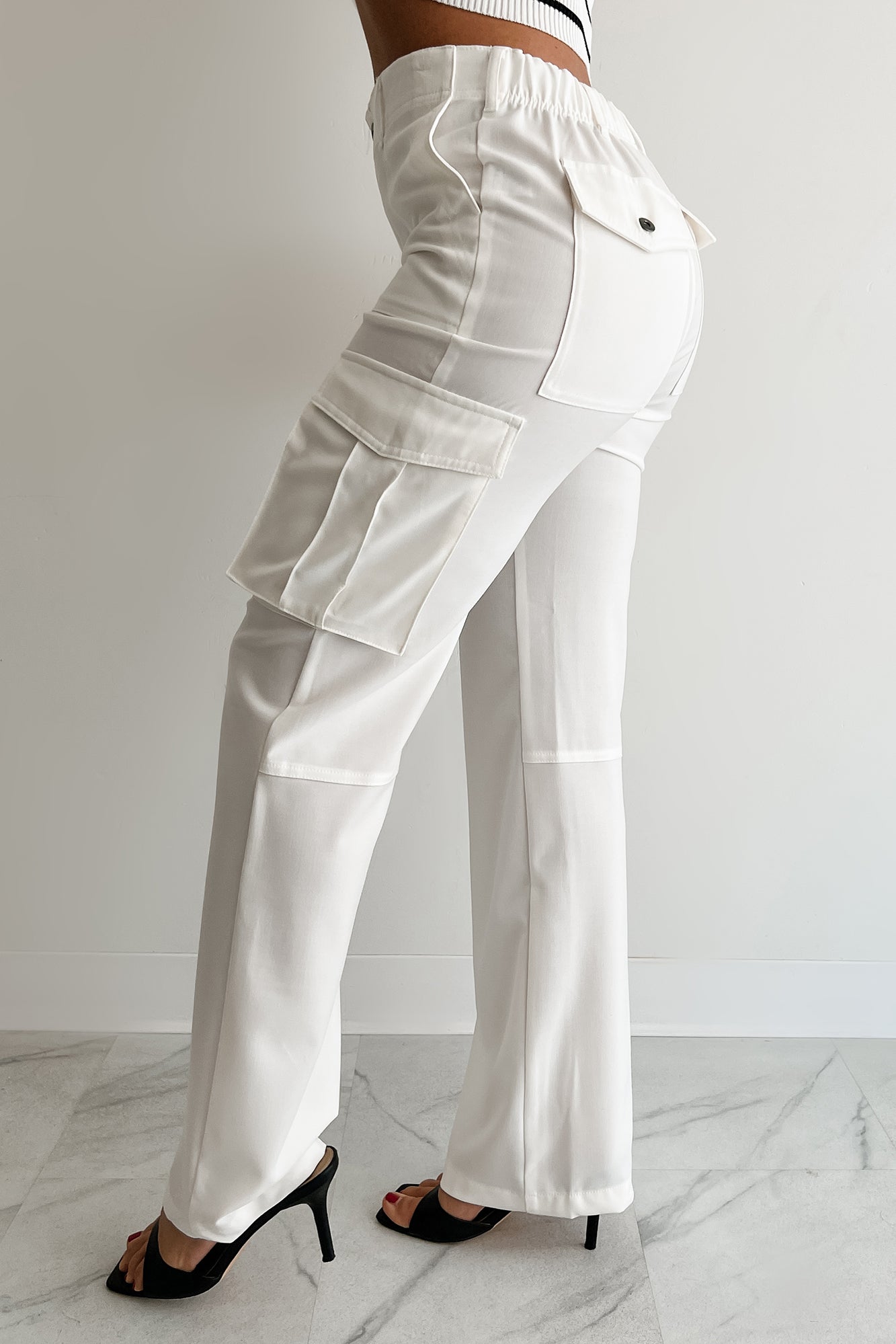 Naturally Stylish High Rise Cargo Pants (White)-The Formal Wear