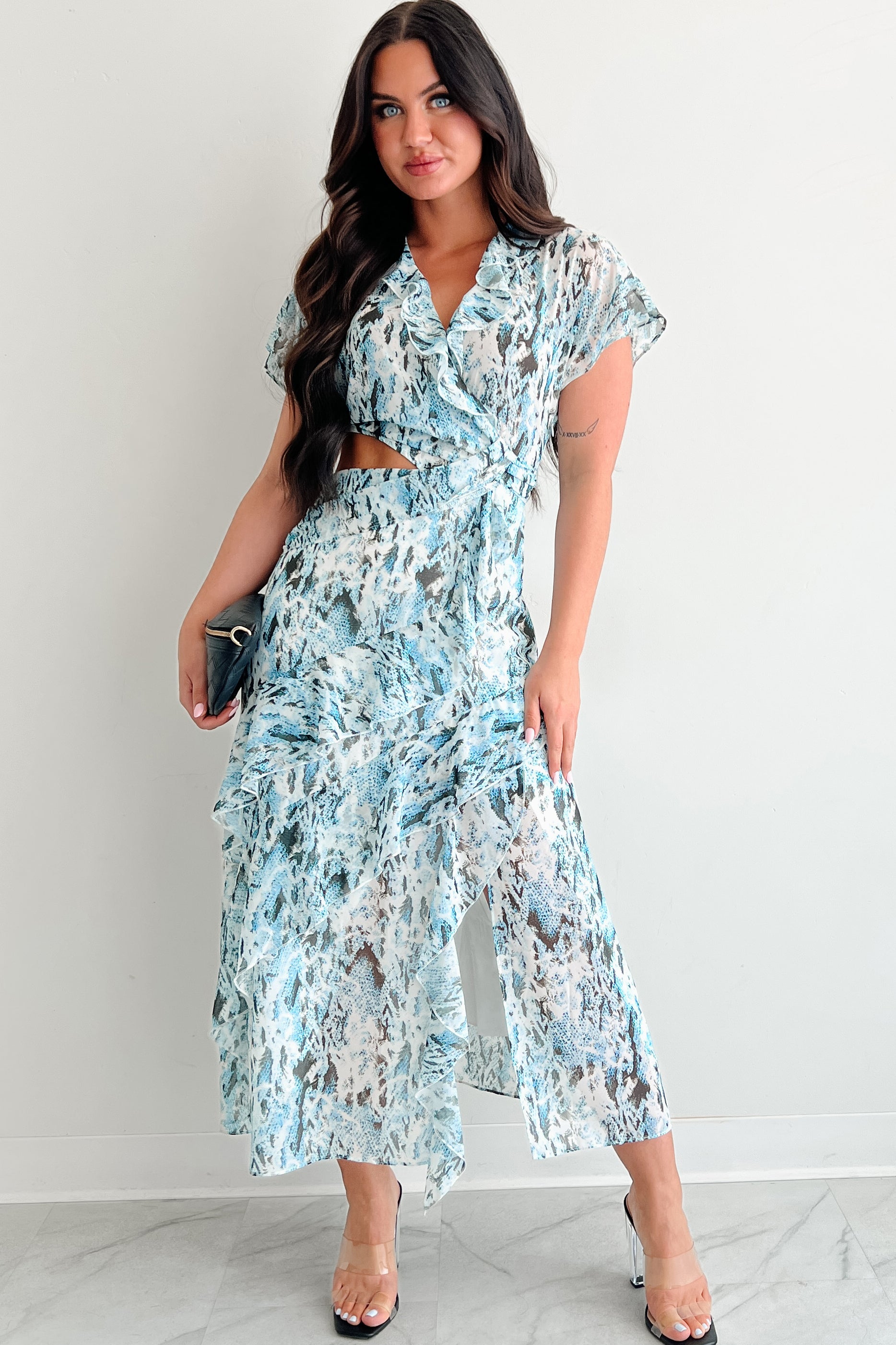Heart Of Gold Printed Ruffle Maxi Dress (Blue)-The Formal Wear