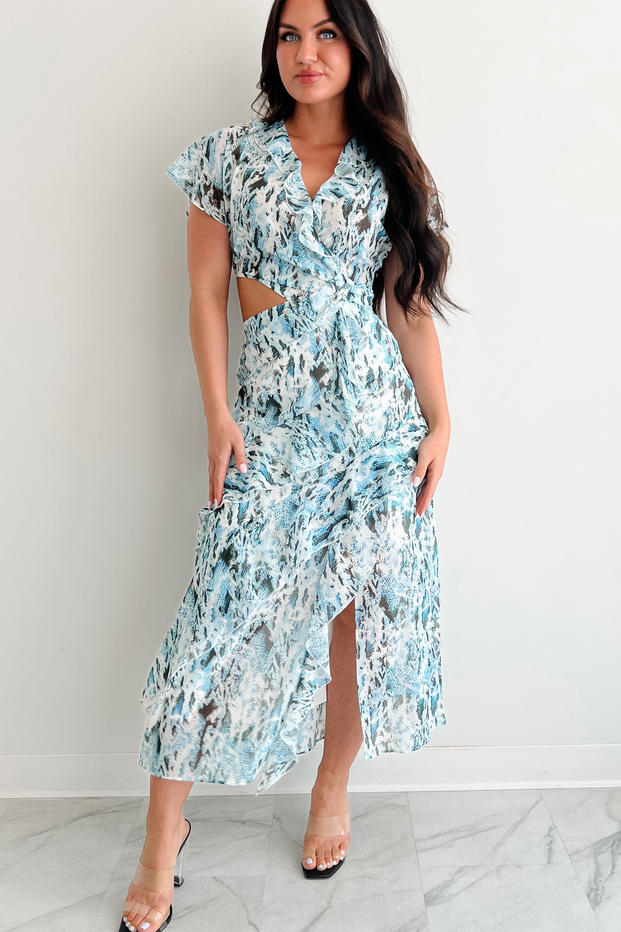 Heart Of Gold Printed Ruffle Maxi Dress (Blue)-The Formal Wear