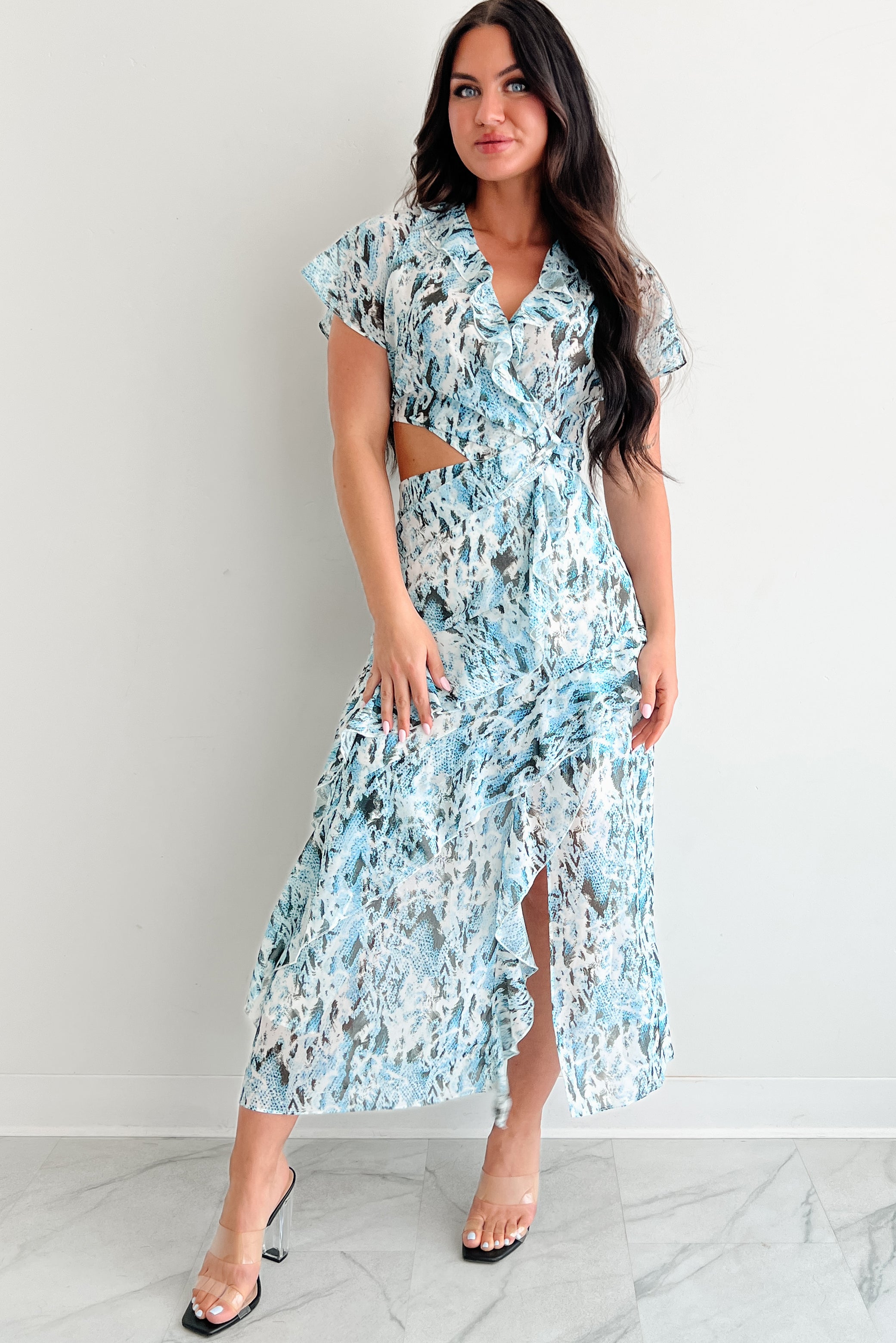 Heart Of Gold Printed Ruffle Maxi Dress (Blue)-The Formal Wear