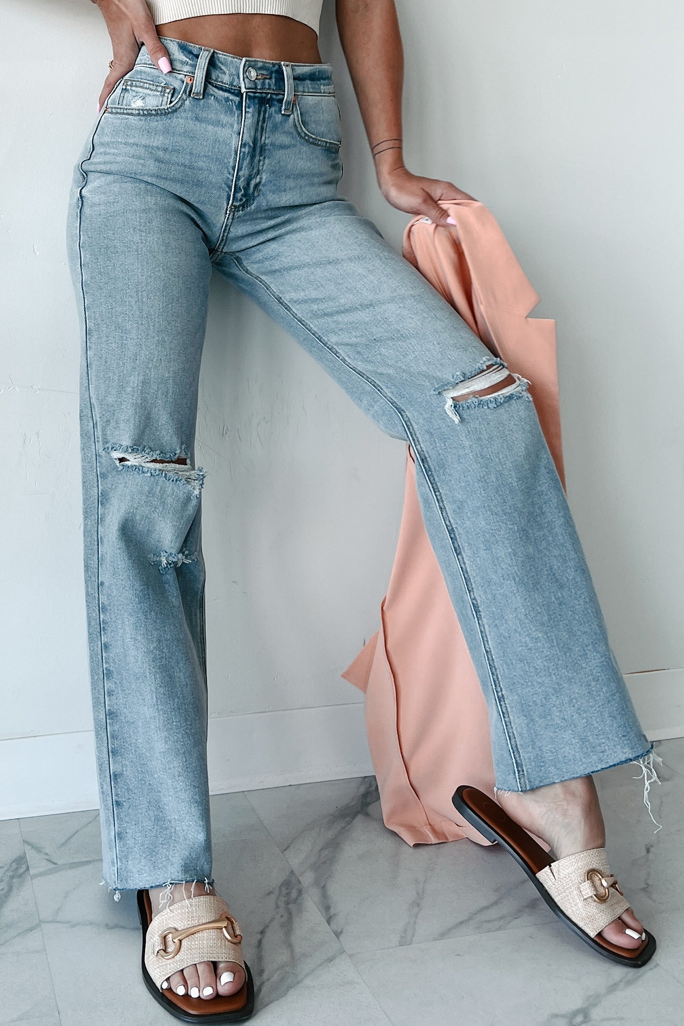 Enid High Rise Distressed Sneak Peek Straight Leg Jeans (Medium Light)-The Formal Wear