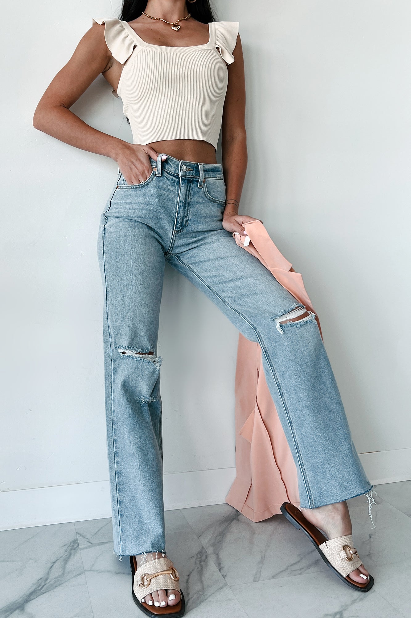 Enid High Rise Distressed Sneak Peek Straight Leg Jeans (Medium Light)-The Formal Wear