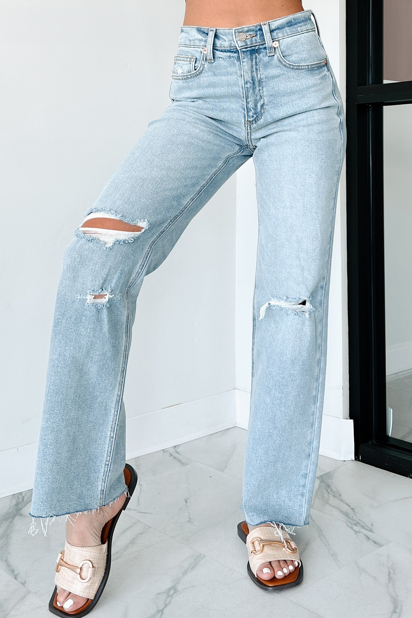 Enid High Rise Distressed Sneak Peek Straight Leg Jeans (Medium Light)-The Formal Wear