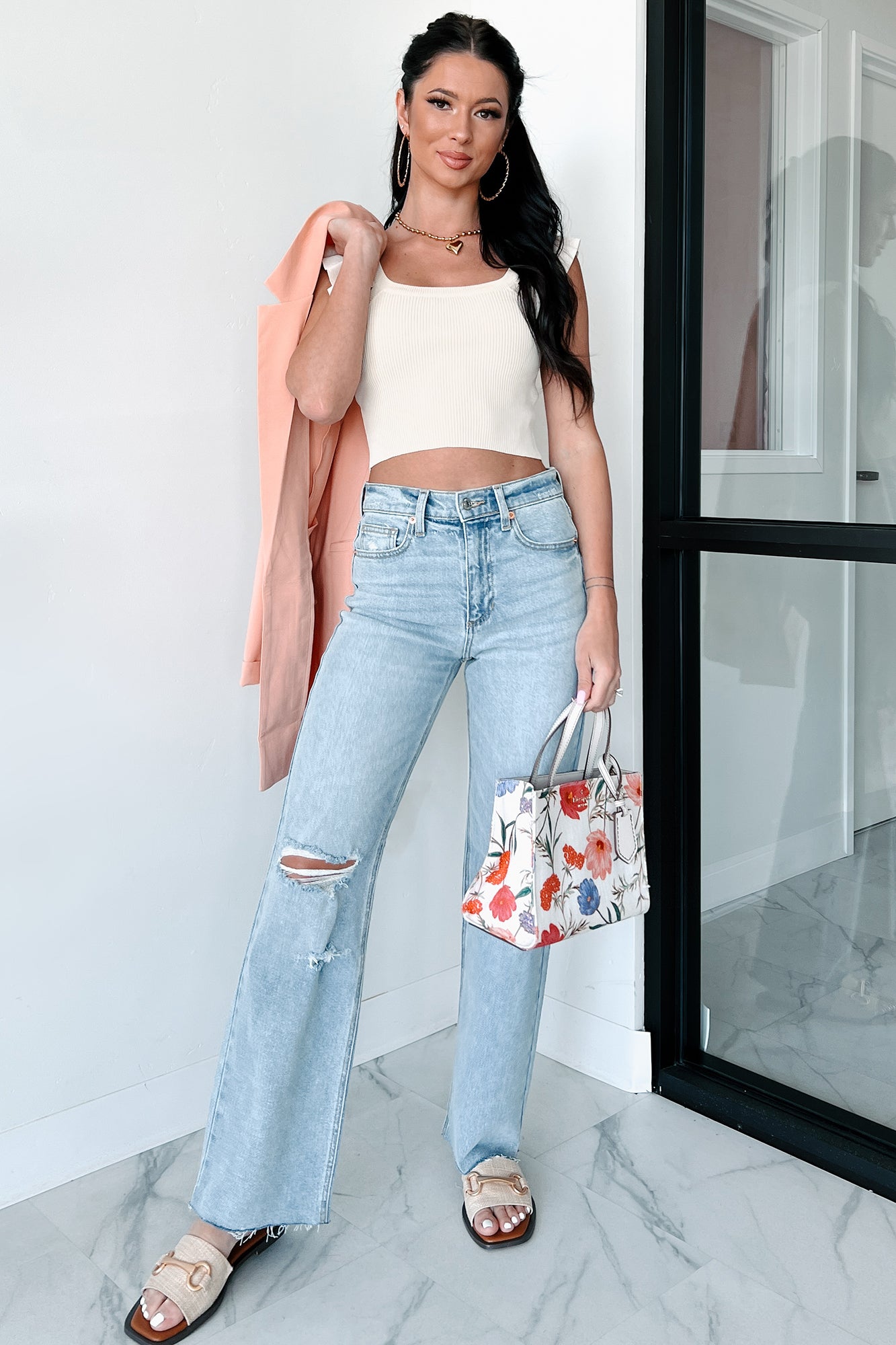 Enid High Rise Distressed Sneak Peek Straight Leg Jeans (Medium Light)-The Formal Wear