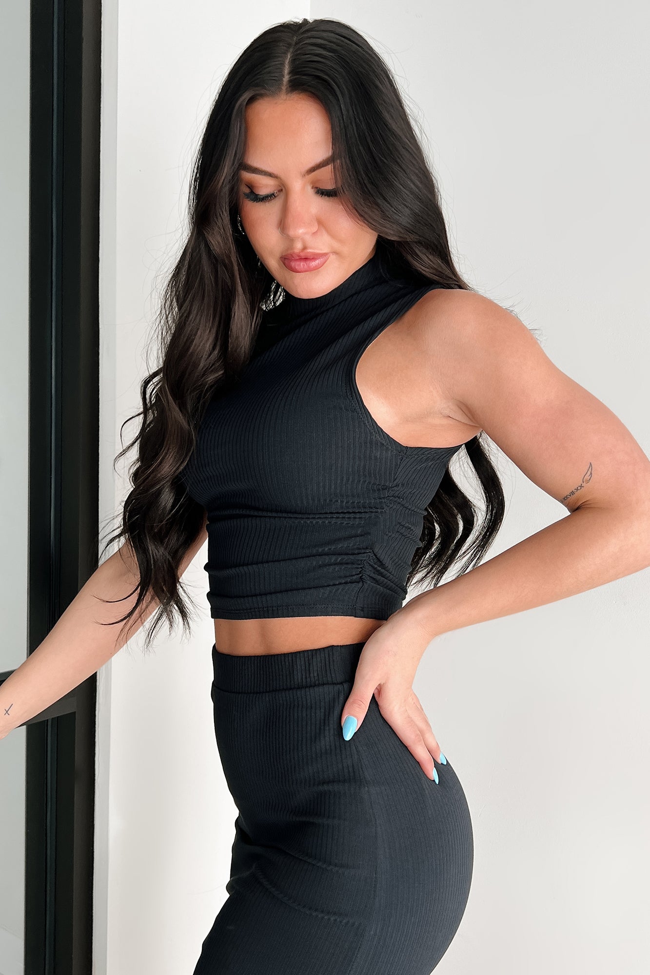 Elegant Charm Ribbed Knit Two-Piece Skirt Set (Black)-The Formal Wear