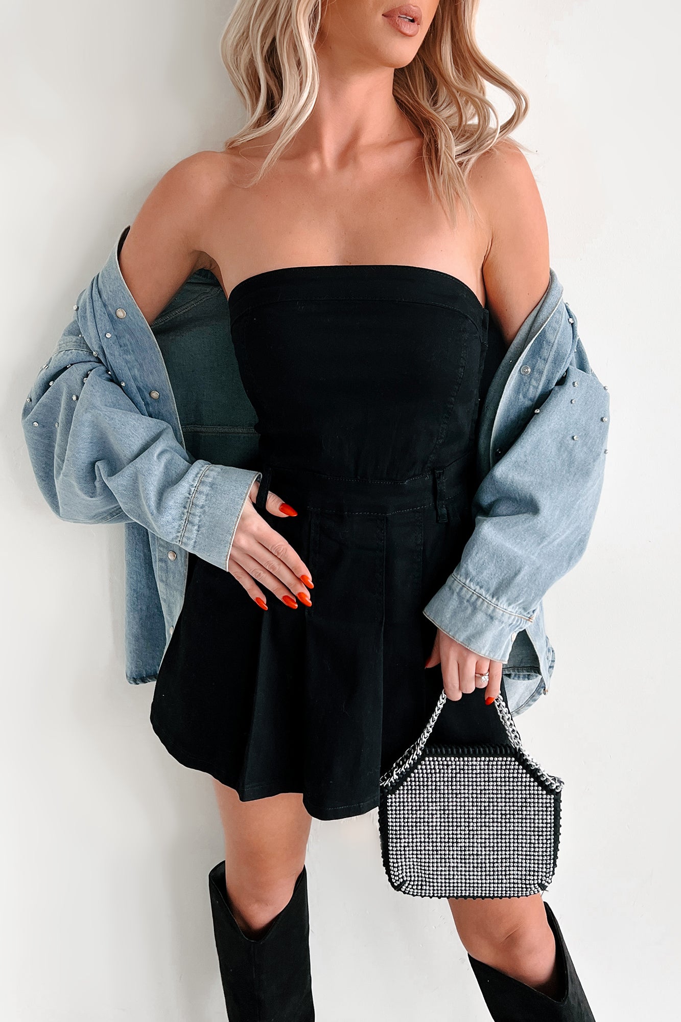 Vivid Dreams Shorts Lined Denim Mini Dress (Black)-The Formal Wear