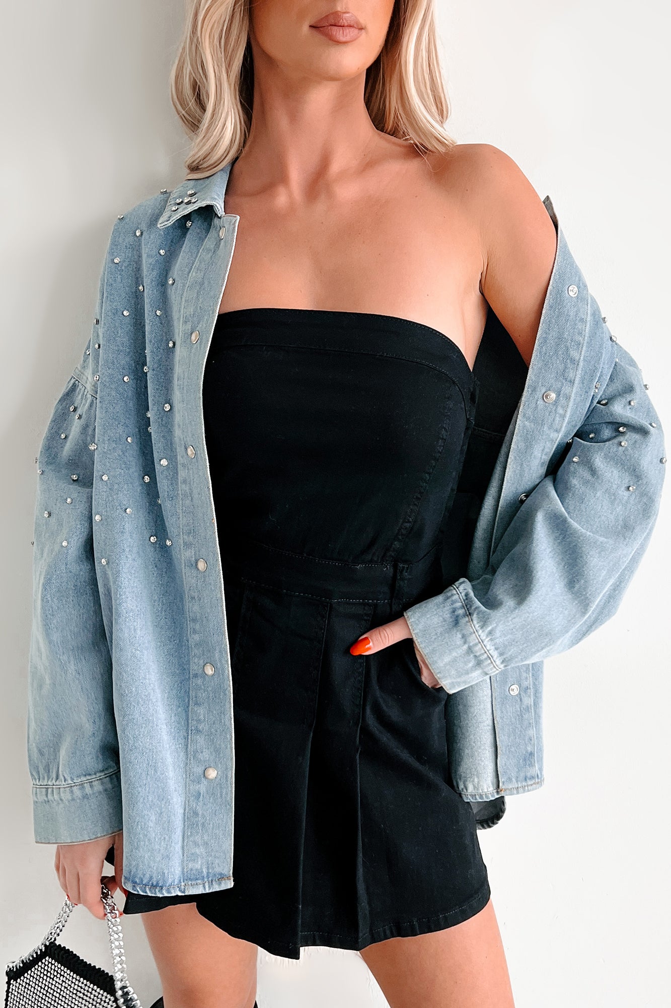 Vivid Dreams Shorts Lined Denim Mini Dress (Black)-The Formal Wear