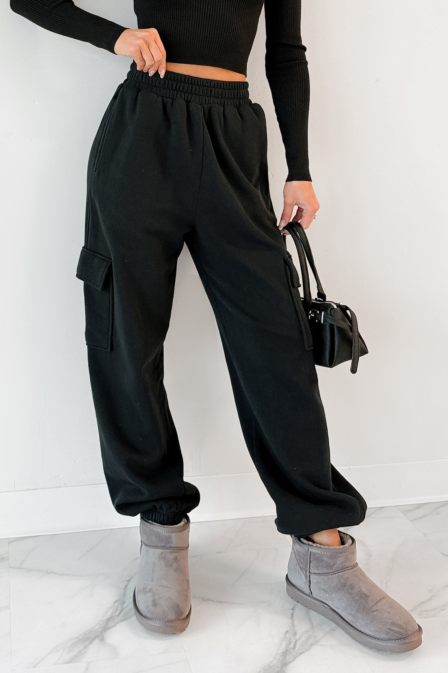 Practicing Patience Fleece Cargo Joggers (Black)-The Formal Wear