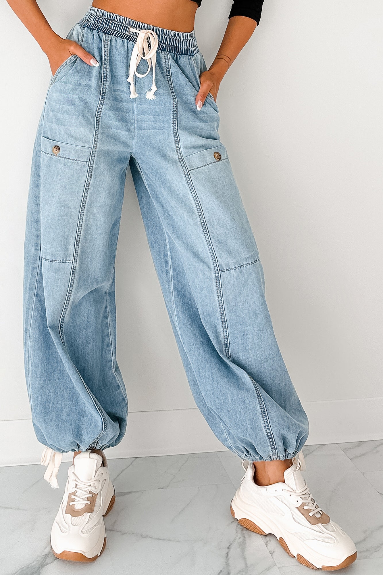 Restless Soul Denim Wide Leg Drawstring Pants (Light)-The Formal Wear