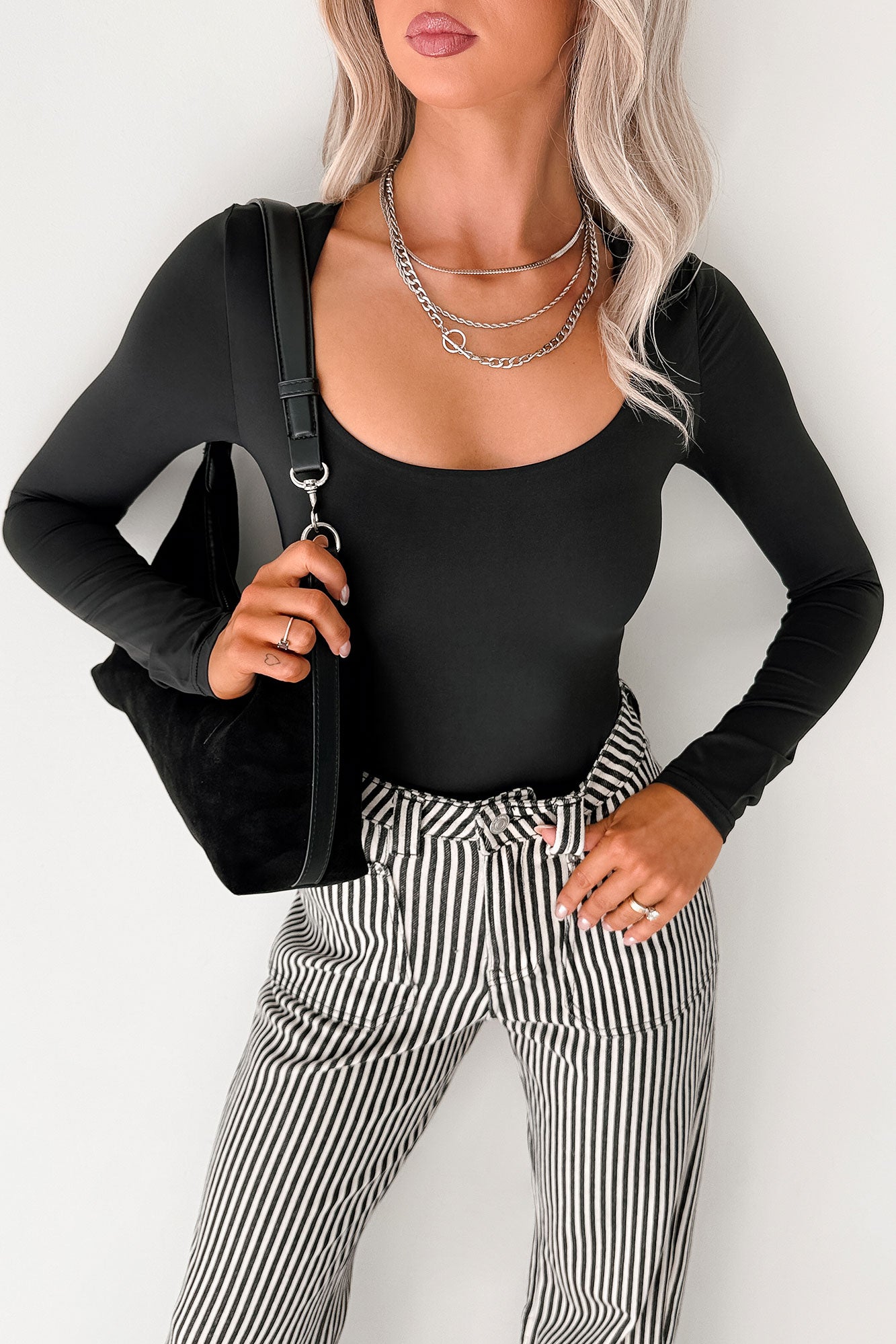 Soft Horizon Long Sleeve Scoop Neck Bodysuit (Black)-The Formal Wear