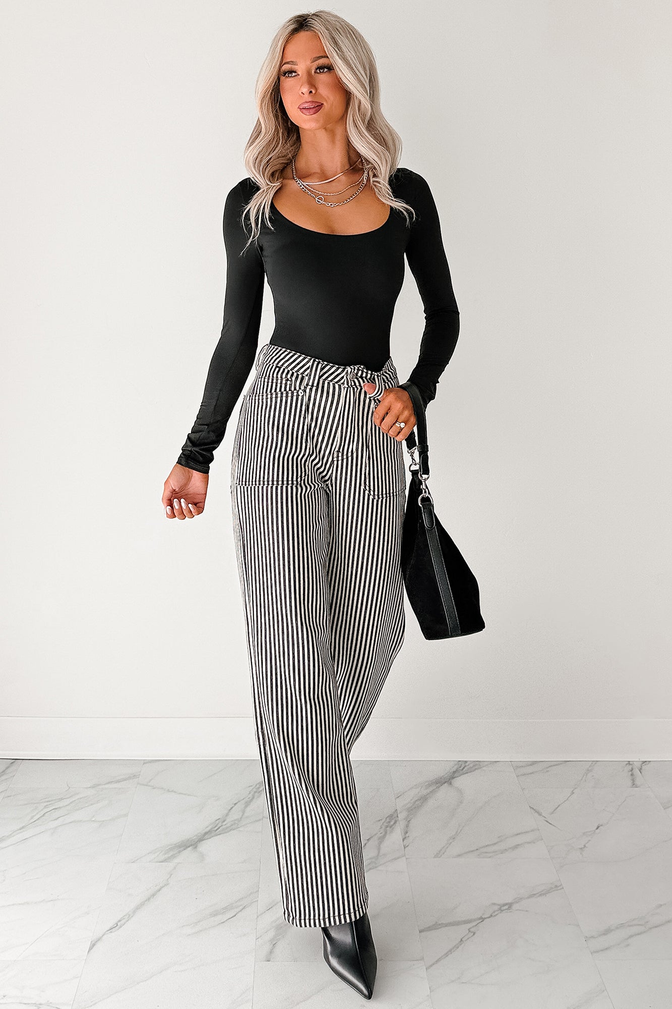 Soft Horizon Long Sleeve Scoop Neck Bodysuit (Black)-The Formal Wear