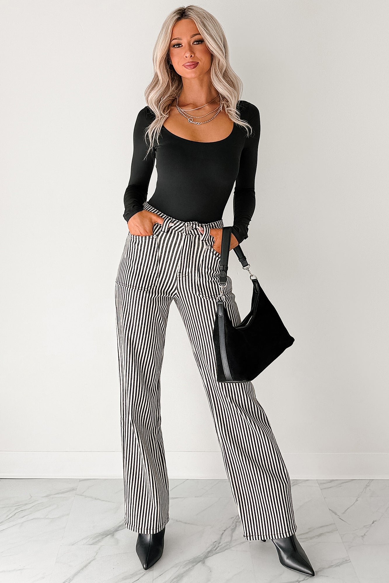 Soft Horizon Long Sleeve Scoop Neck Bodysuit (Black)-The Formal Wear