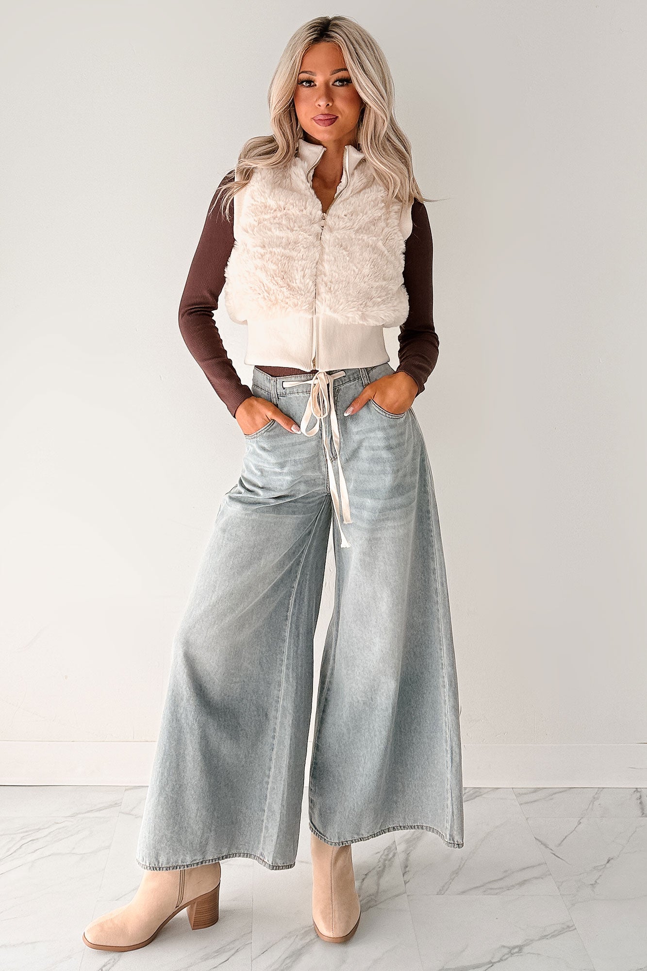 Needing You Near Faux Fur Zip-Up Vest (Cream)-The Formal Wear