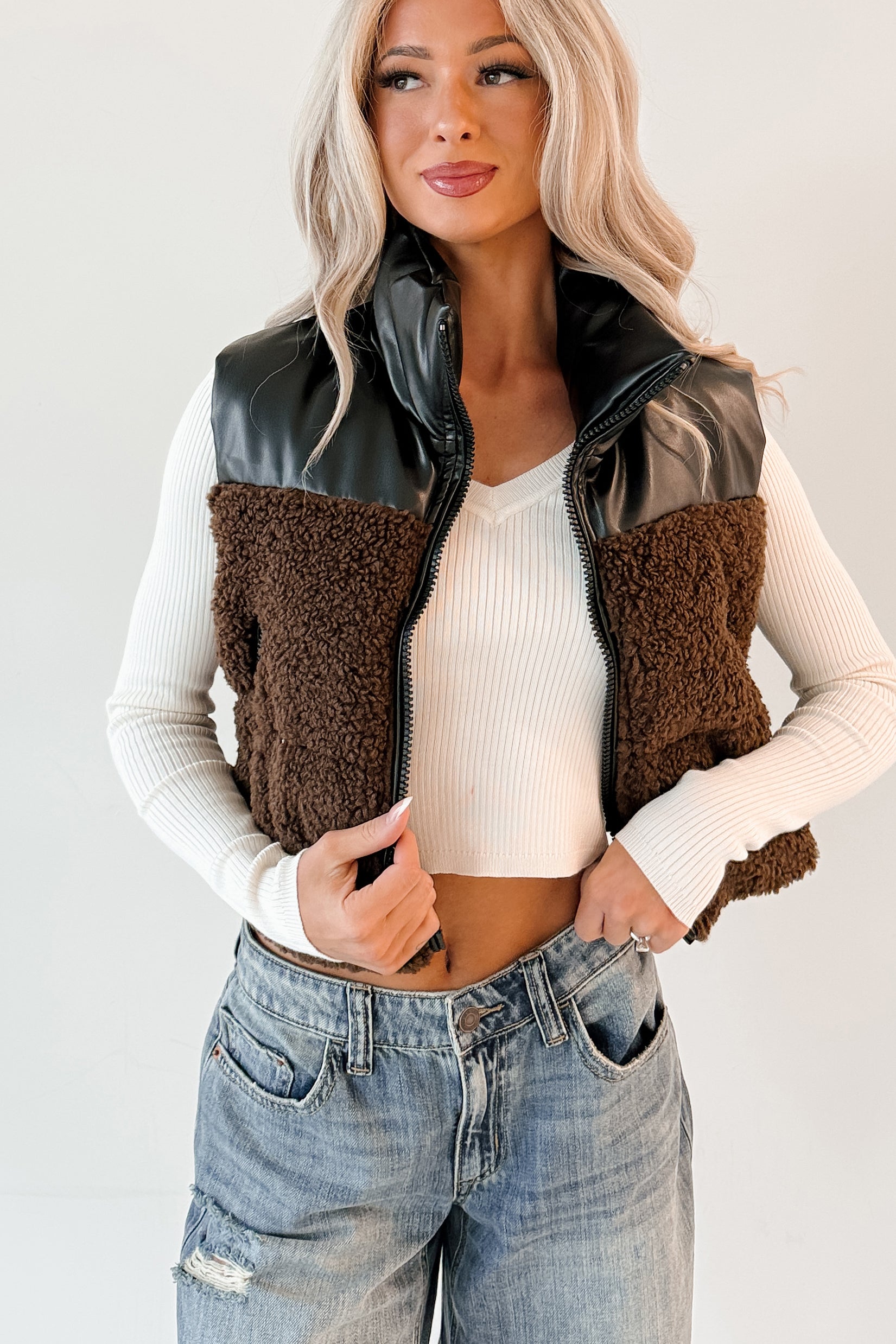 Candle Lit Nights Sherpa Puffer Vest (Brown)-The Formal Wear