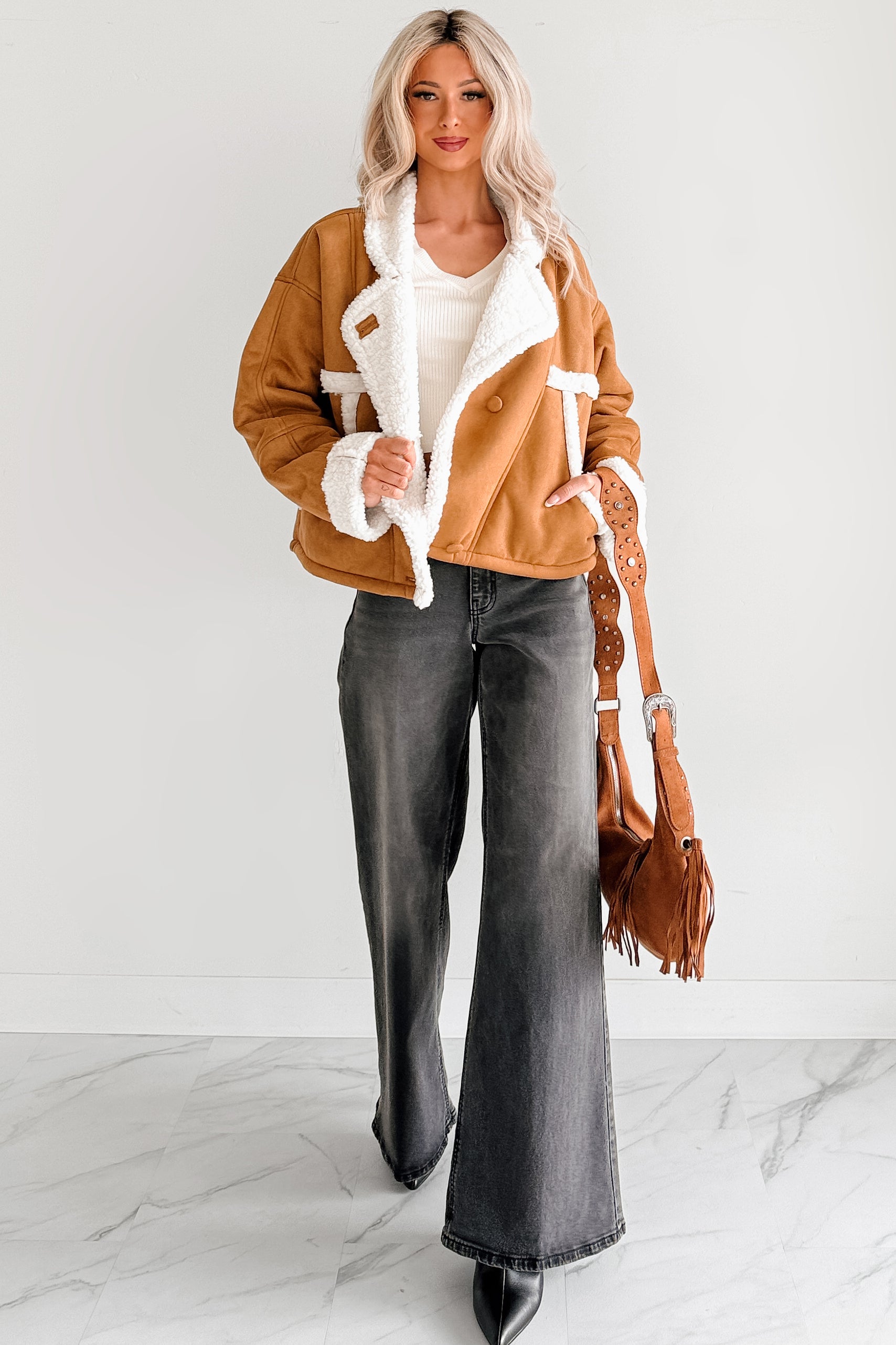 Carol Nights Faux Suede Sherpa Jacket (Camel)-The Formal Wear