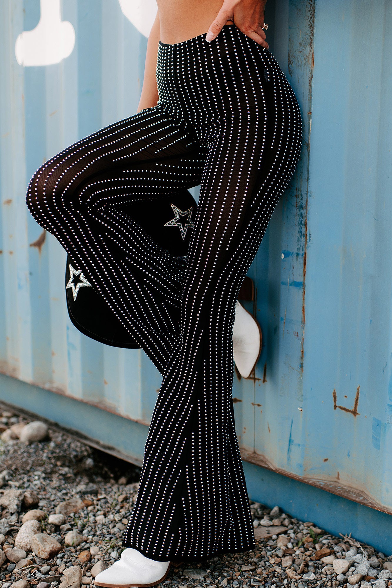 See Me Shine Mesh Rhinestone Flare Pants (Black)-The Formal Wear