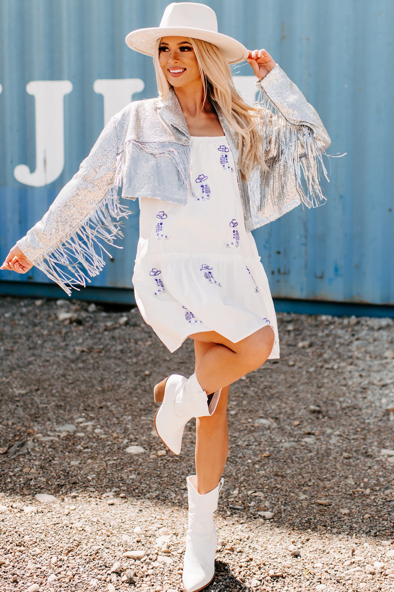 Rodeo Diva Sequin Fringe Cropped Jacket (Silver)-The Formal Wear